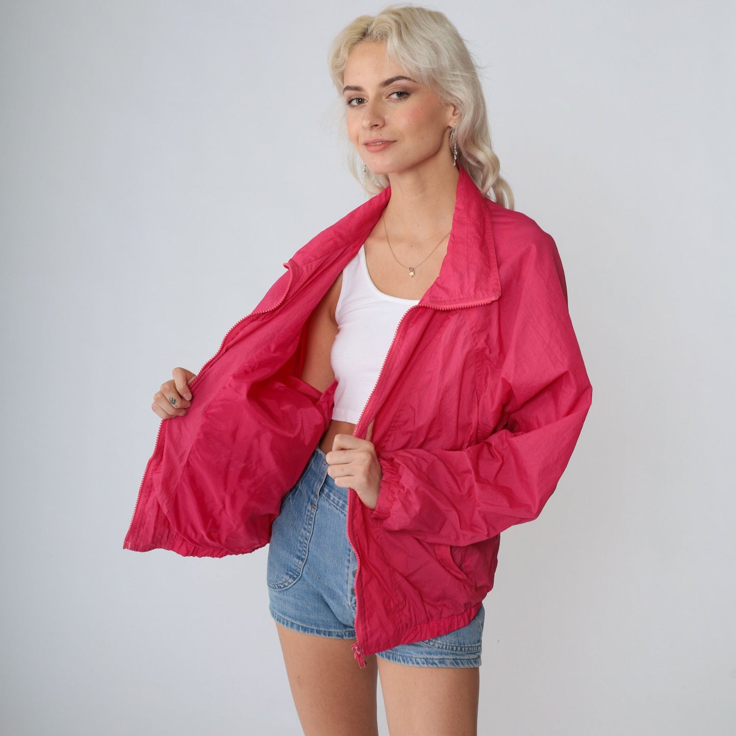 90s Hot Pink Nylon Windbreaker Zip-Up Jacket Medium M
