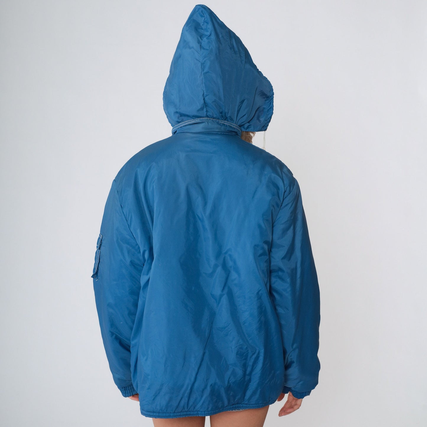 80s Blue Puffer Ski Jacket Orange Lining Hooded Zip Coat Large L