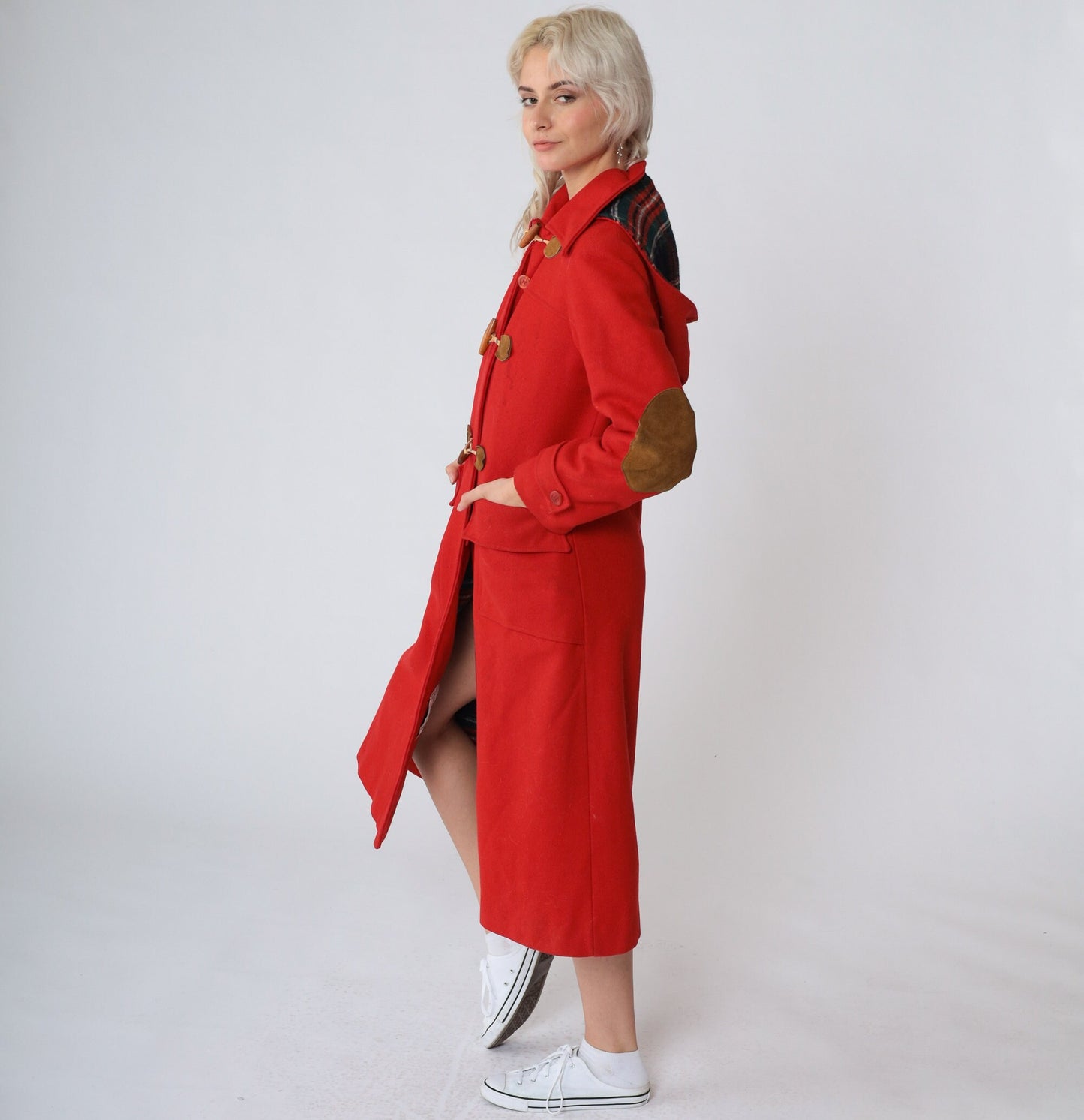 70s Red Wool Trench Coat Toggle Buttons Hood Elbow Patches Small