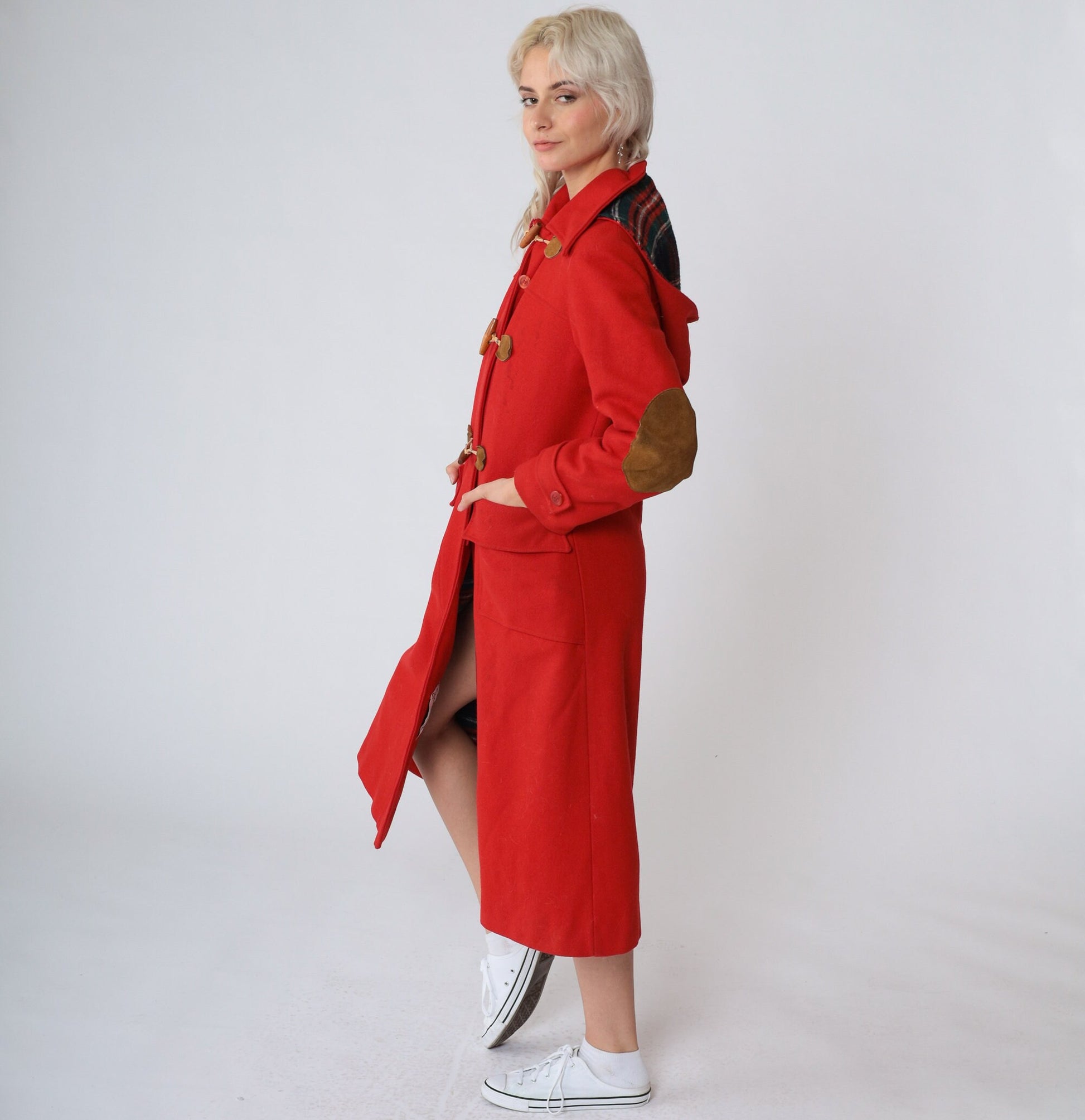 70s Red Wool Trench Coat Toggle Buttons Hood Elbow Patches Small