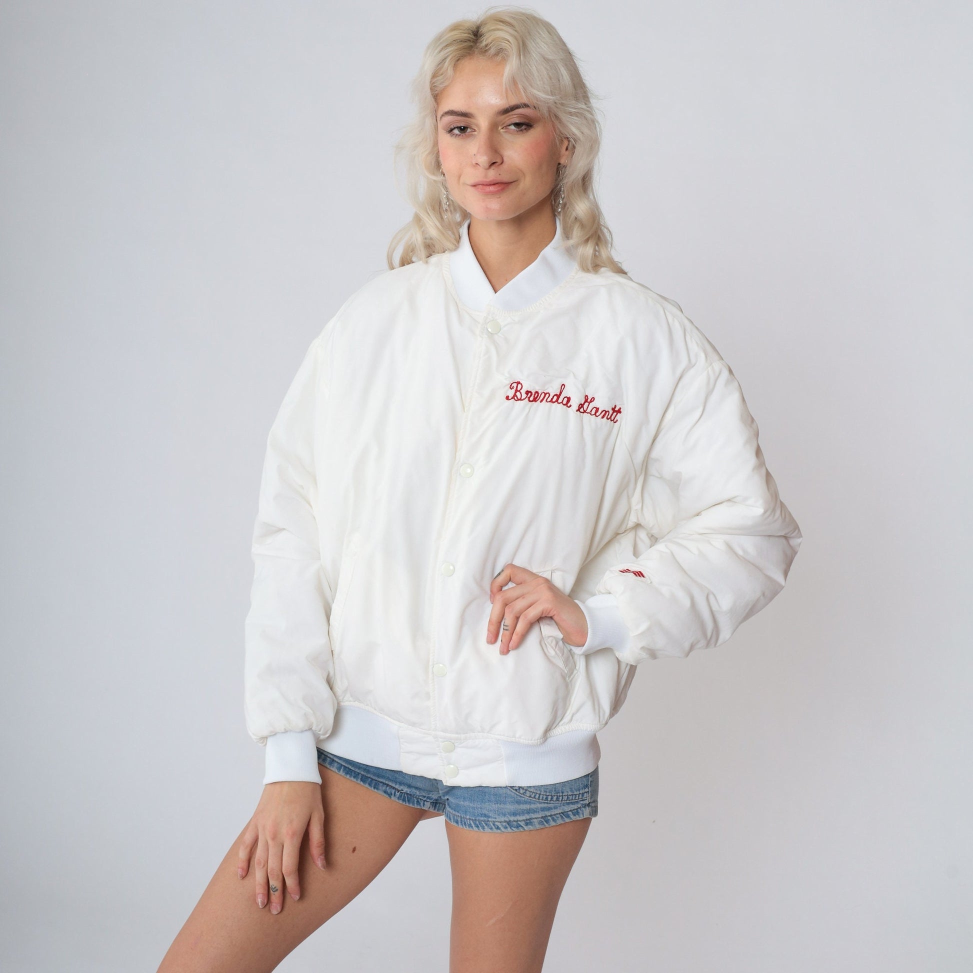 90s ASCA Stock Car Racing Bomber Jacket White Snap Windbreaker Medium
