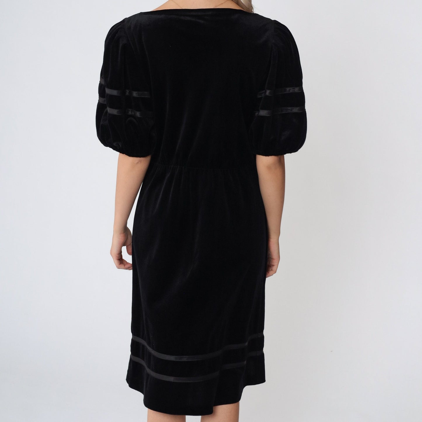 80s Black Velvet Midi Dress Puff Sleeve High Waist Ribbon Trim Small