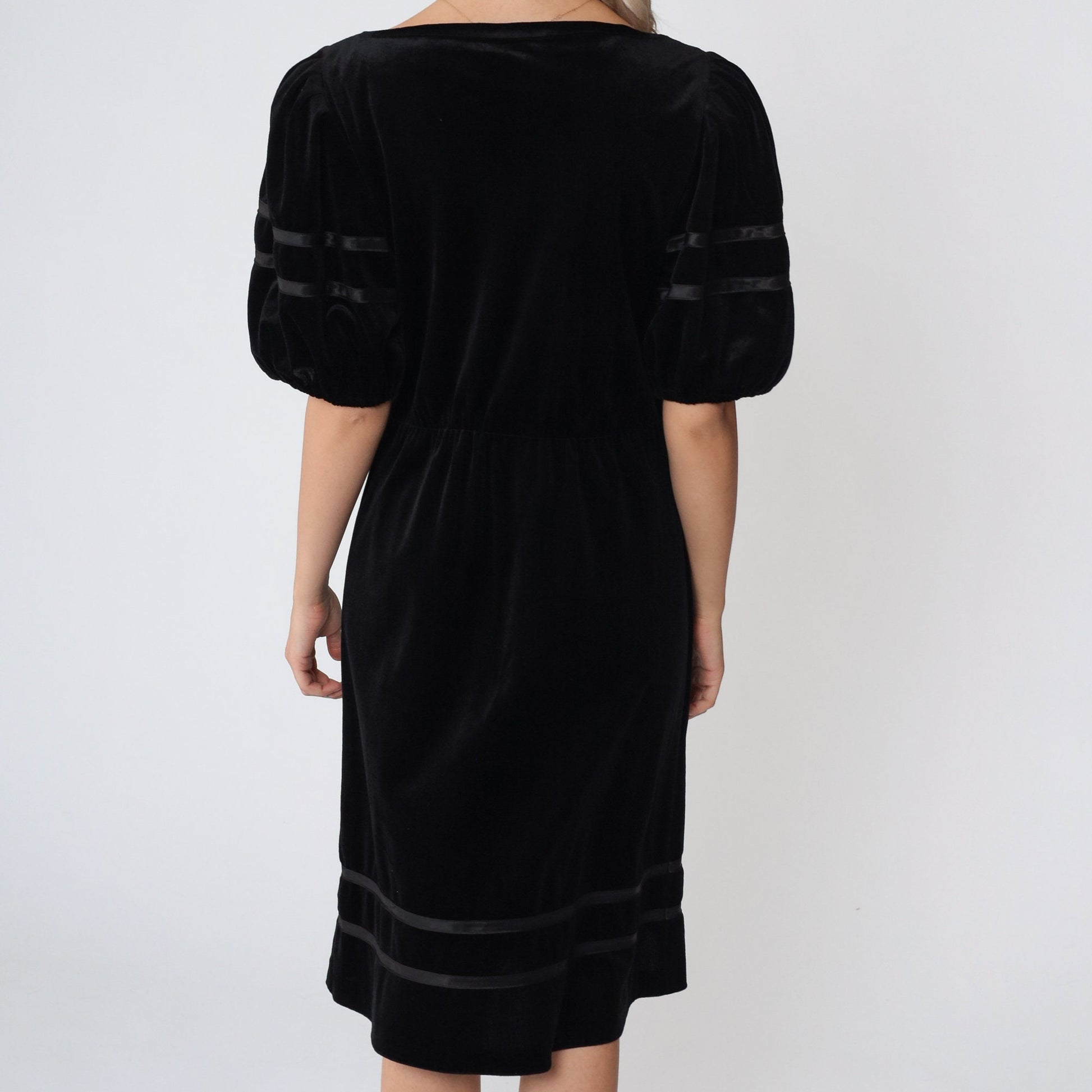 80s Black Velvet Midi Dress Puff Sleeve High Waist Ribbon Trim Small