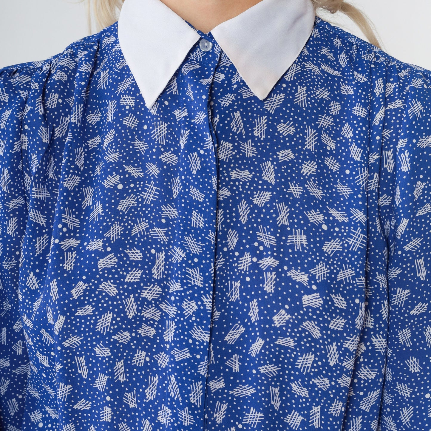 80s Blue Midi Dress Puff Sleeve White Collar Ditsy Dot Print High Waisted Small