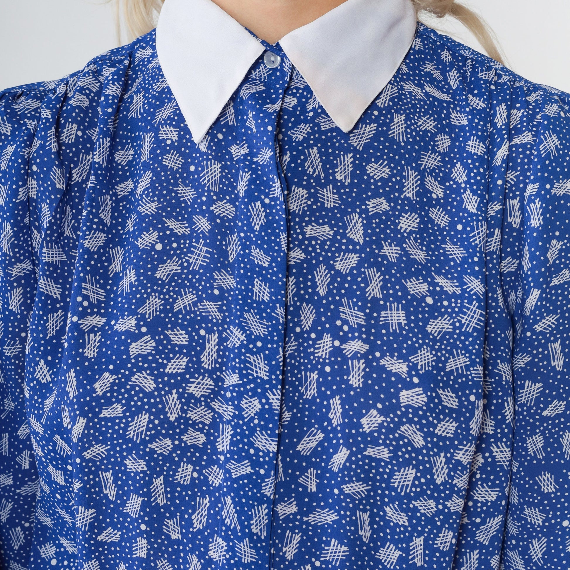 80s Blue Midi Dress Puff Sleeve White Collar Ditsy Dot Print High Waisted Small