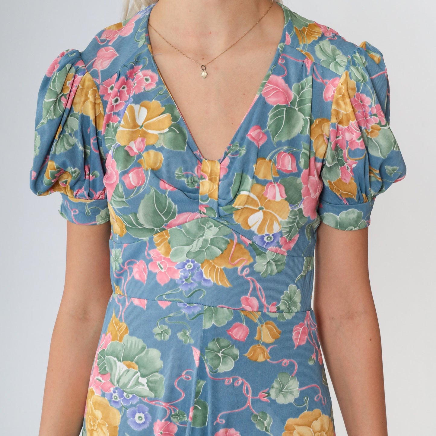 70s Blue Floral Maxi Dress Empire Waist Puff Sleeve V Neck Extra Small