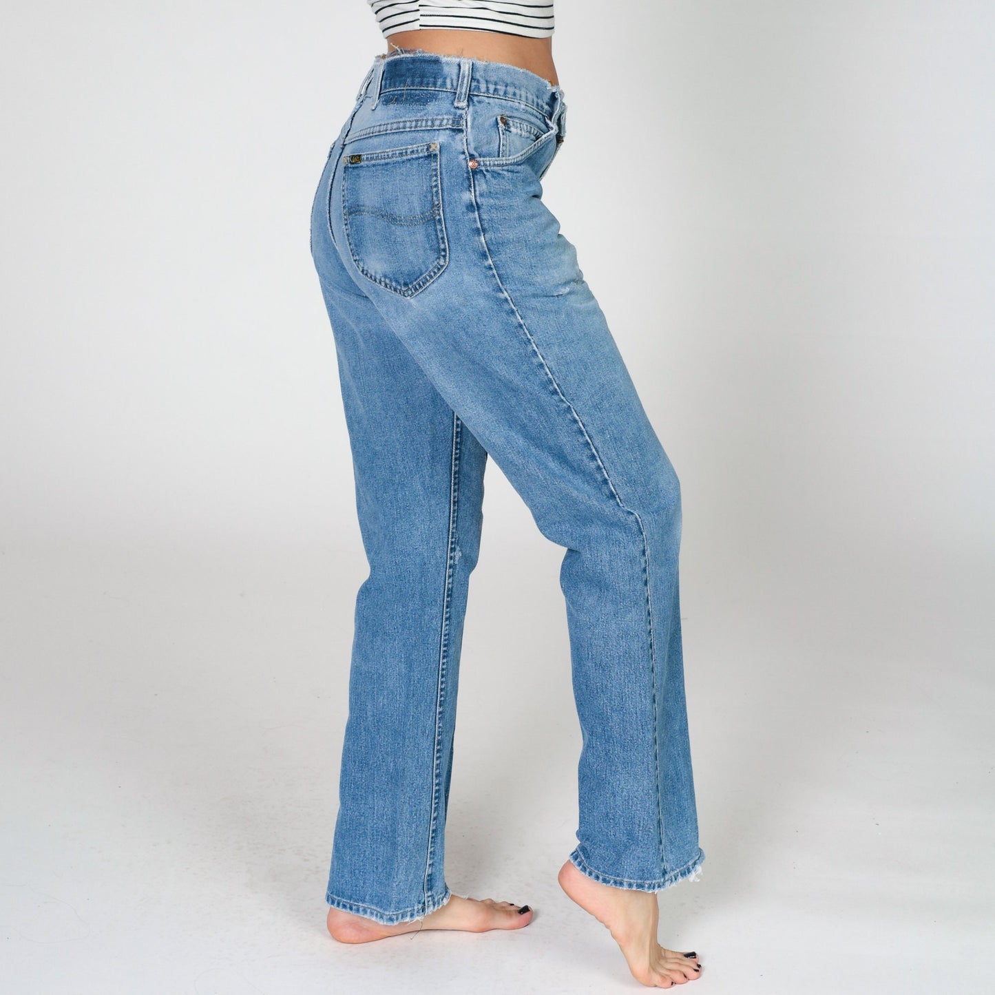 80s Lee High Waist Straight Leg Jeans Distressed Blue Denim Men's 33