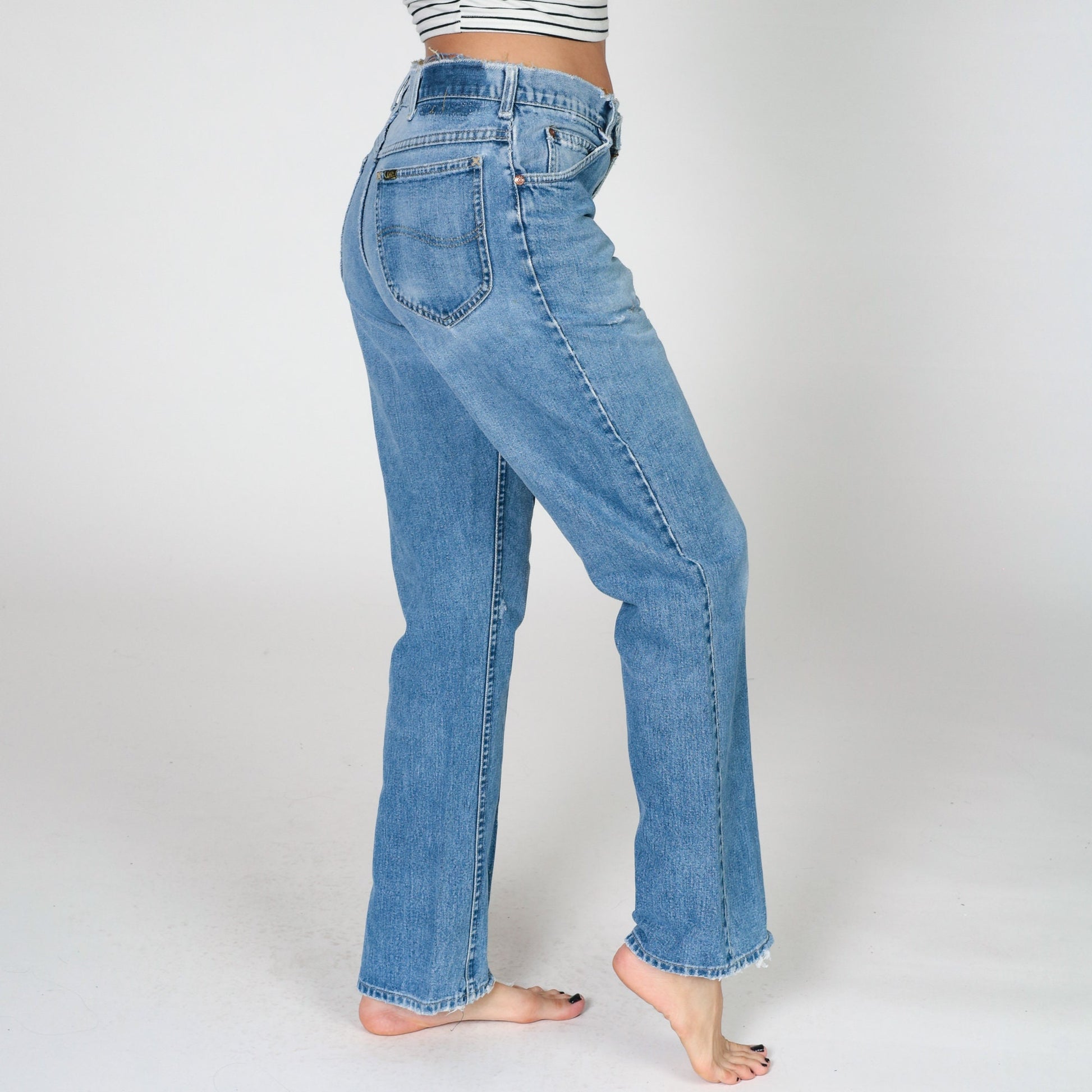 80s Lee High Waist Straight Leg Jeans Distressed Blue Denim Men's 33