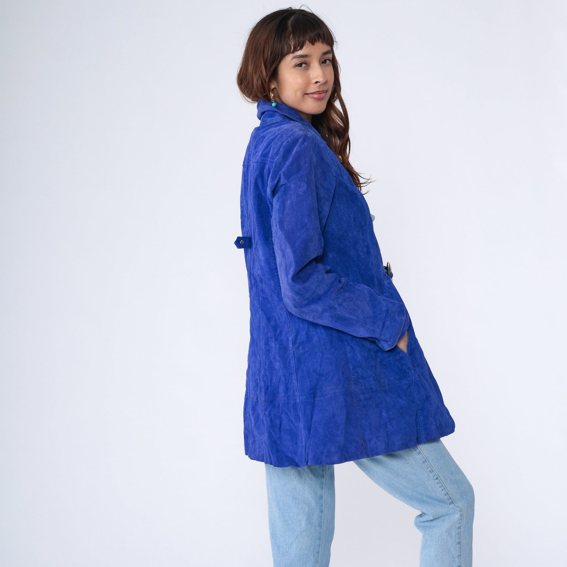 Y2K Royal Blue Suede Jacket Toggle Button Longline Small