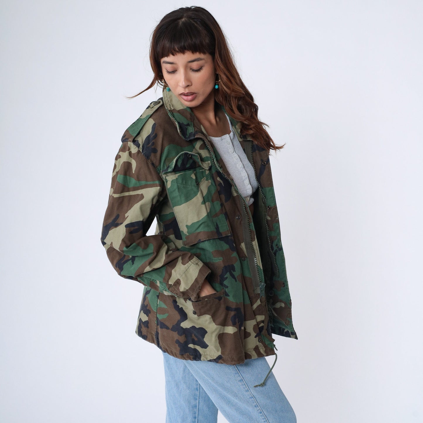 90s US Army Camouflage Field Jacket Utility Patch Zip Medium Short