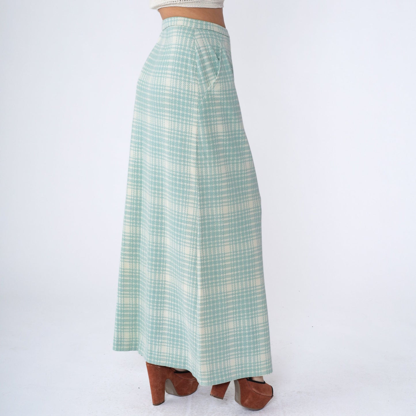 70s Mint Cream Plaid Maxi Skirt High Waisted Tartan Long Skirt Medium