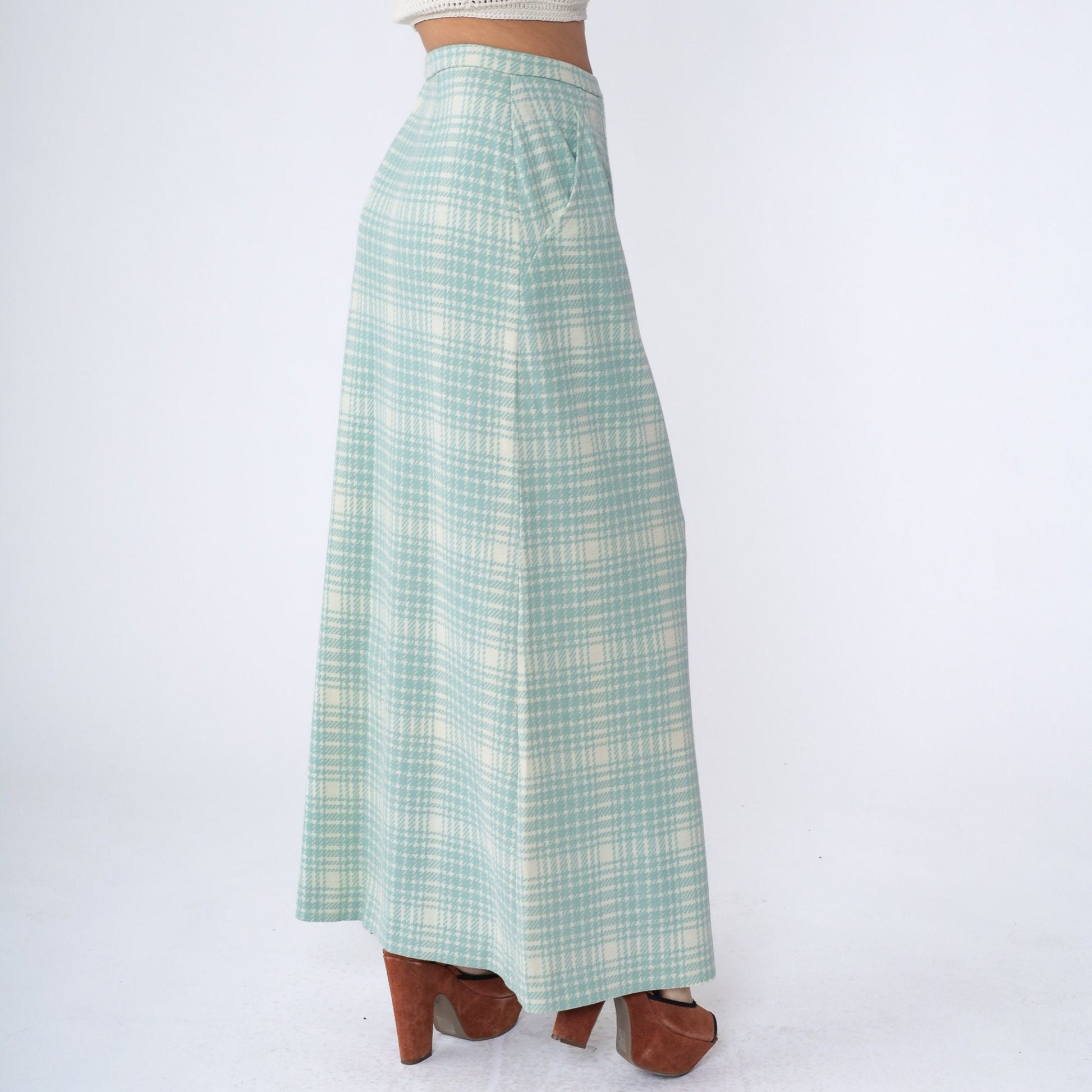 70s Mint Cream Plaid Maxi Skirt High Waisted Tartan Long Skirt Medium