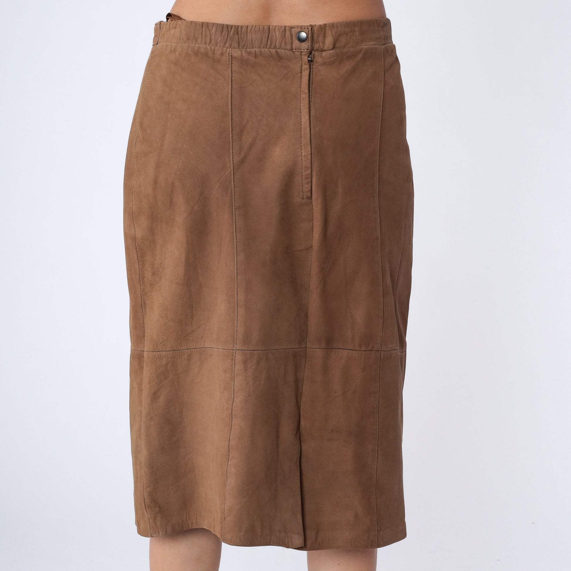 80s Brown Leather Pencil Skirt High Waist Kick Pleat Knee Length Medium