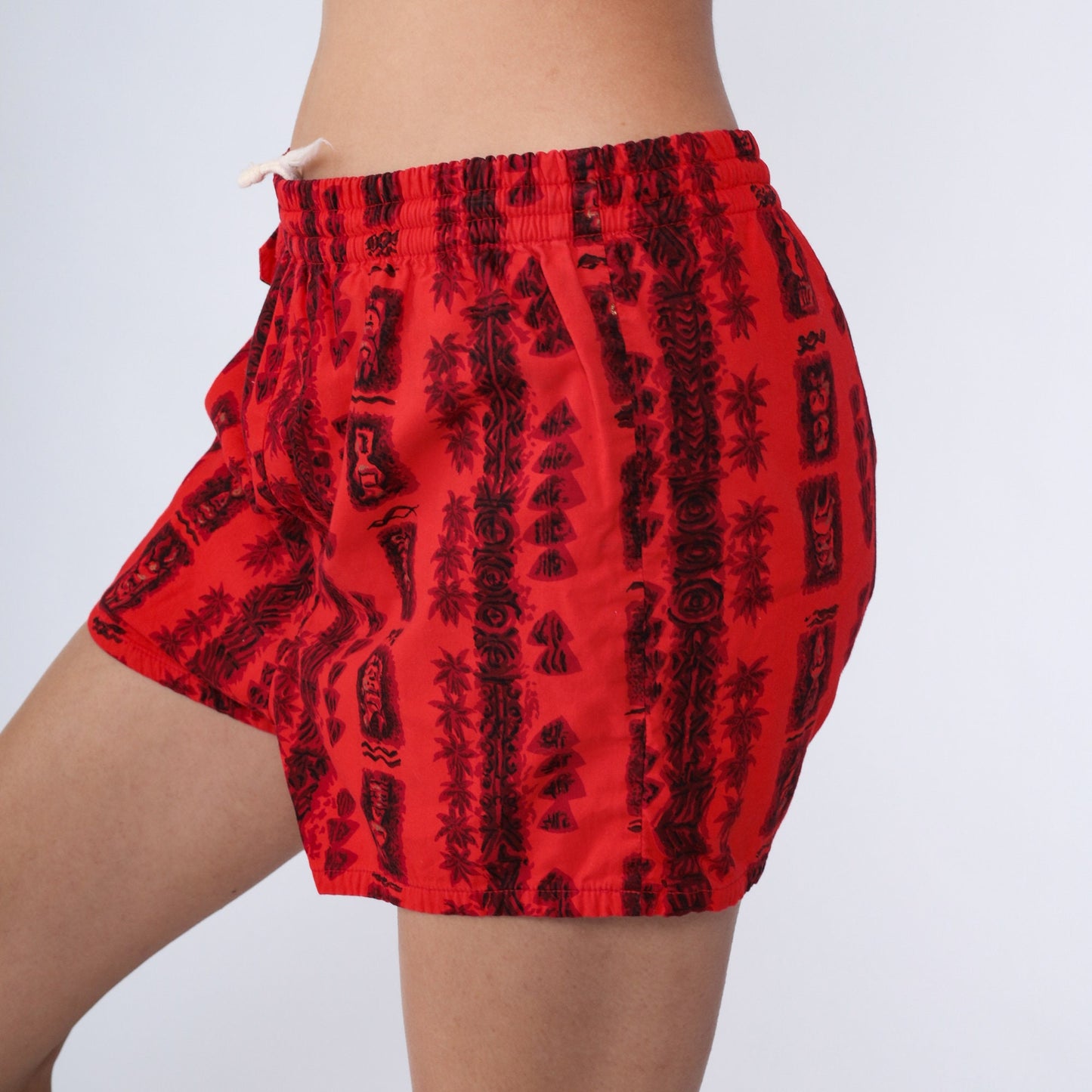 80s Red Hawaiian Tiki Print Swim Trunks Gold Details Medium