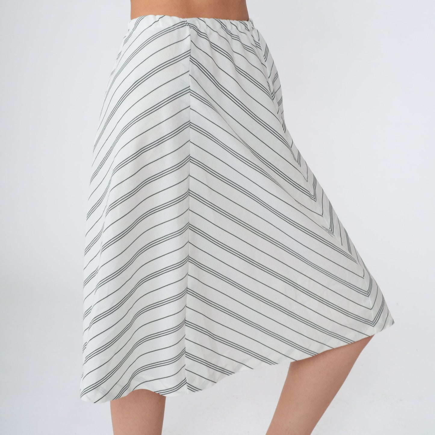 70s Chevron Striped Midi Skirt White Black High Waist A-Line Extra Small