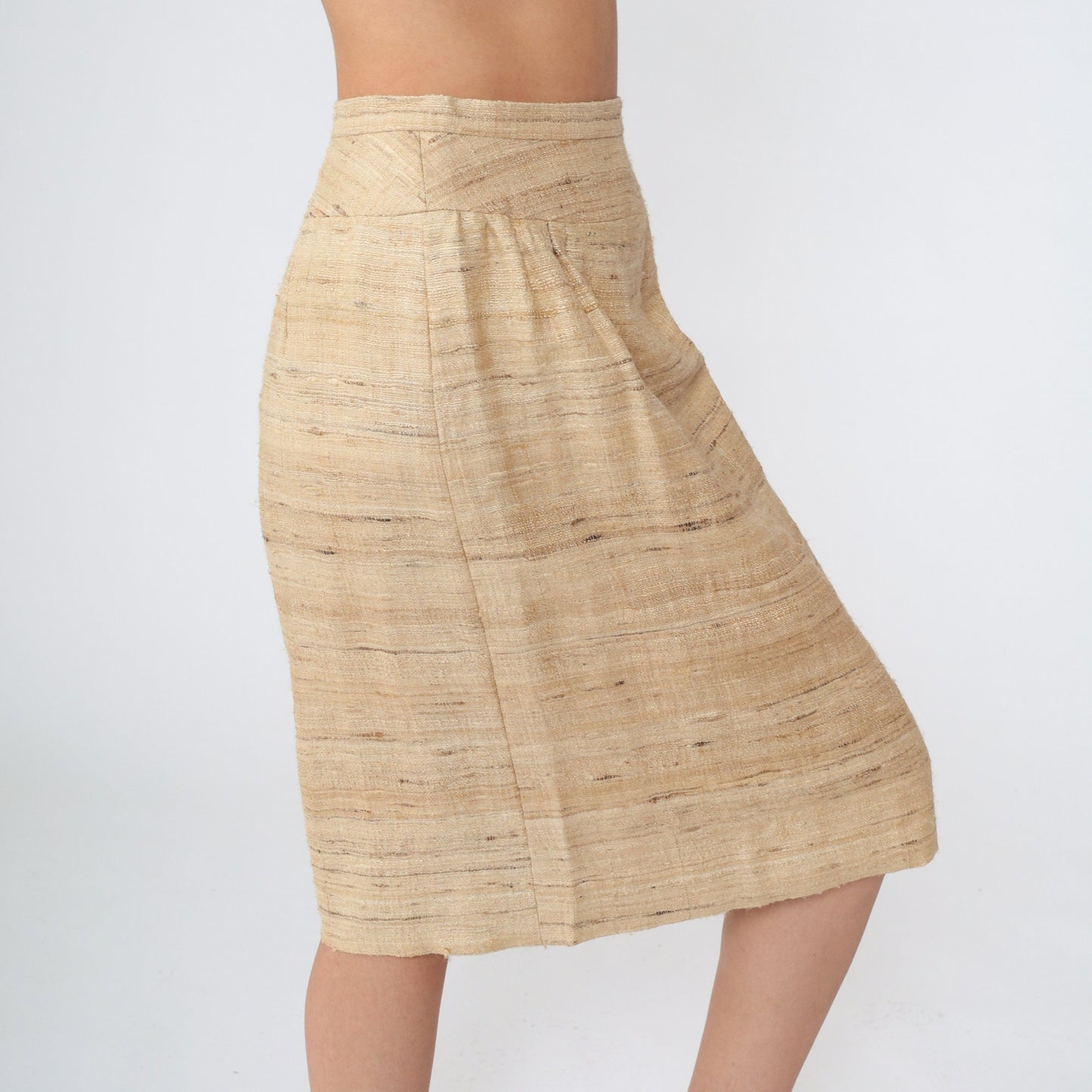 70s Tan Wool Blend Midi Pencil Skirt High Waist Extra Small