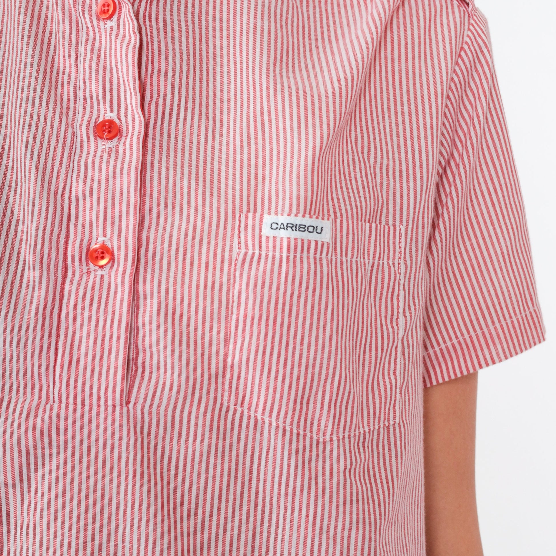 80s Caribou Pinstriped Blouse Red White Half-Button Short Sleeve Medium