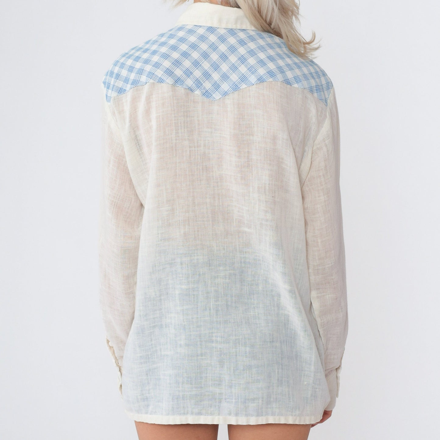 70s Western Pearl Snap Shirt Checkered Gauze Off-White Blue Plaid Medium