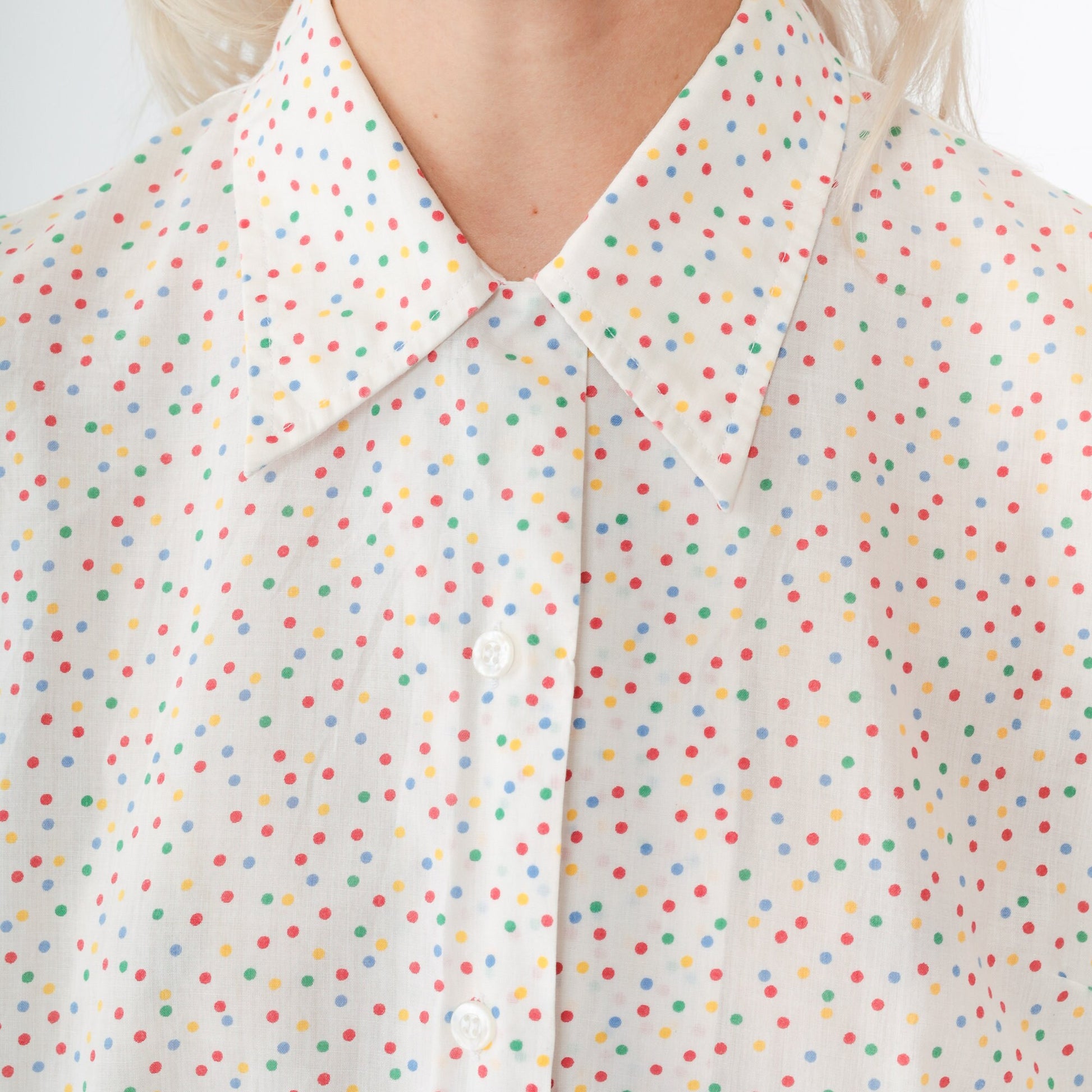 80s Polka Dot Sleeveless Blouse White Multicolor Button-Up Collared Tank Large L