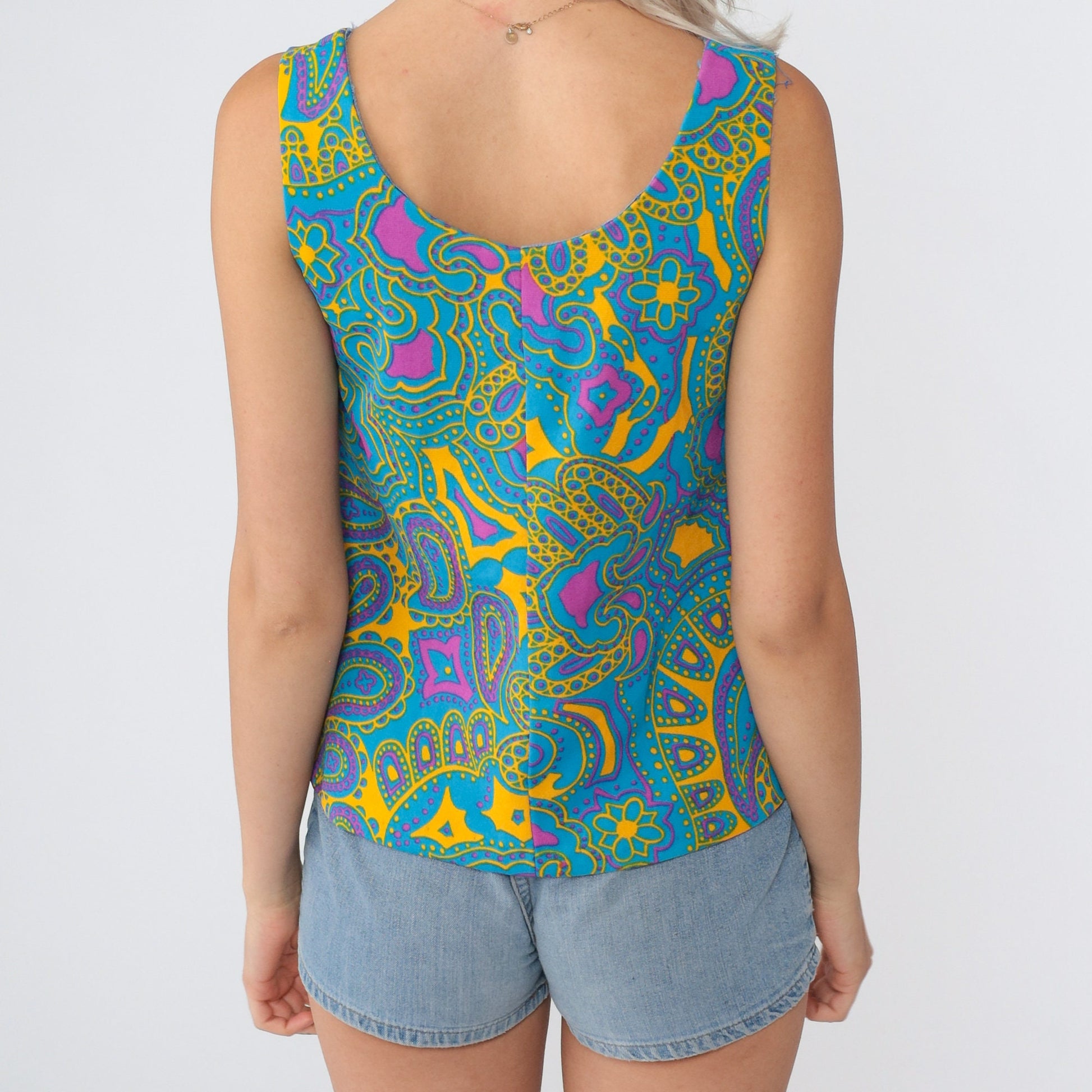 70s Paisley Floral Tank Top Sleeveless Blouse Yellow Blue Pink Extra Small