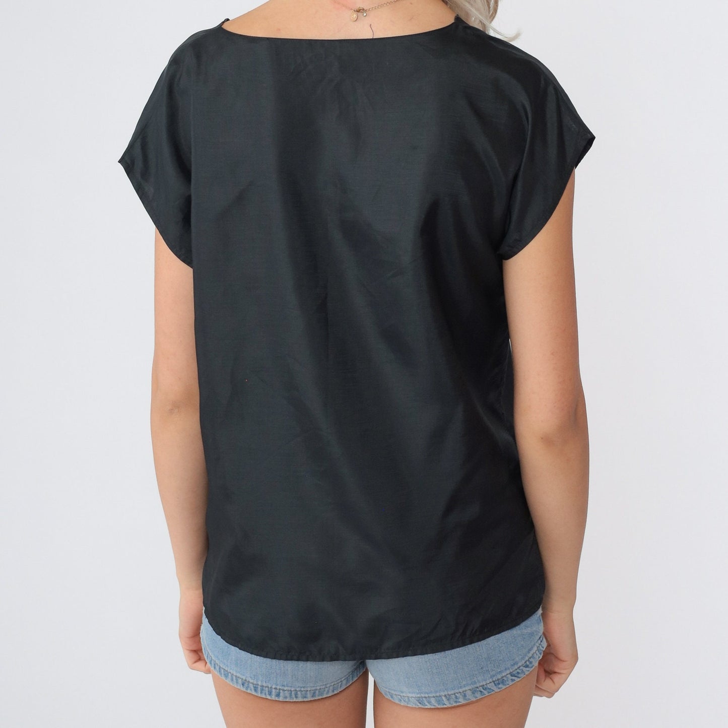 70s Black Floral Embroidered Cutwork Blouse Cap Sleeve Small