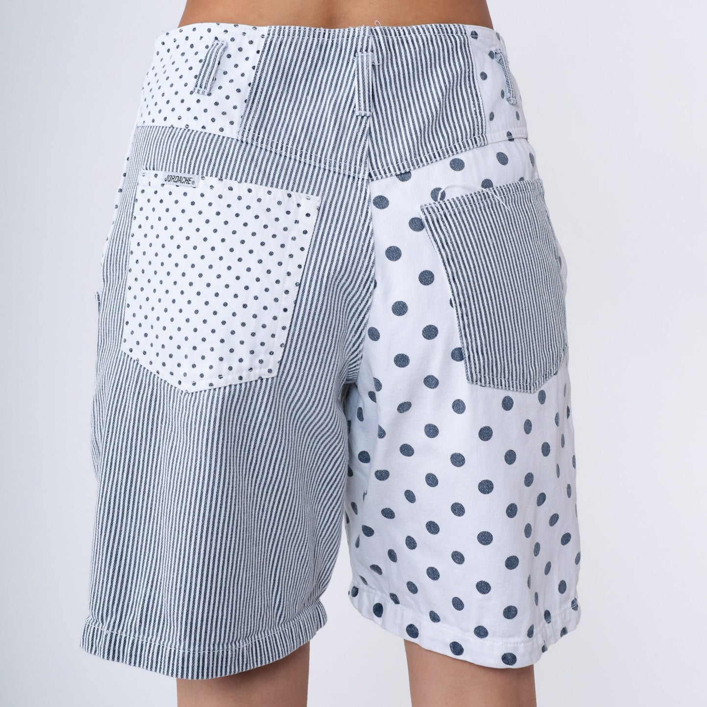 80s Jordache Polka Dot Striped Denim Shorts High Waisted Knee Length Medium