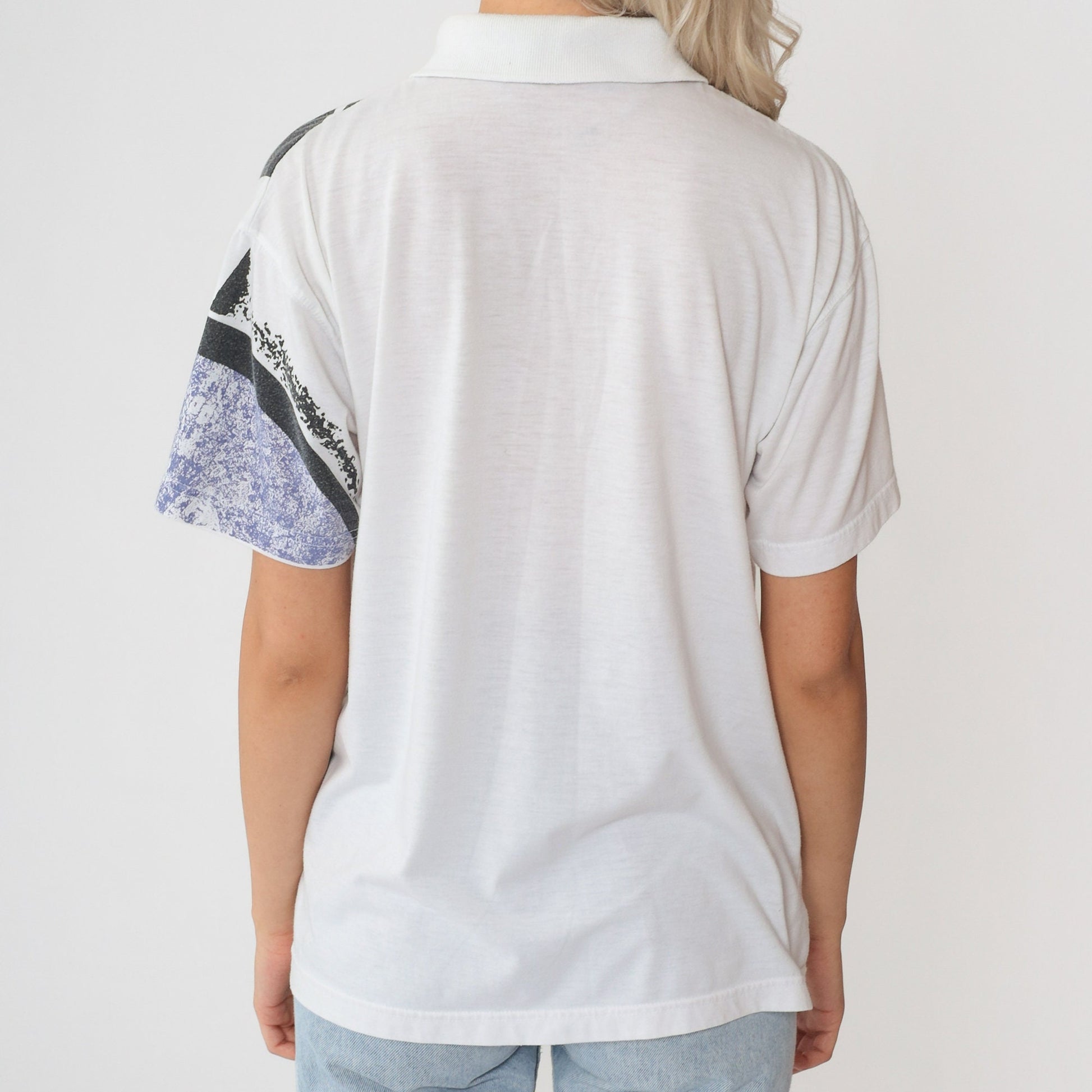 90s Reebok Polo Shirt Abstract Geometric Print White Collared Medium