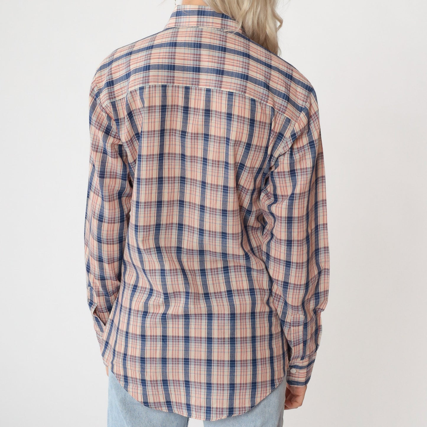 80s Saturdays in California Plaid Button-Up Shirt Blue Red Cream Small