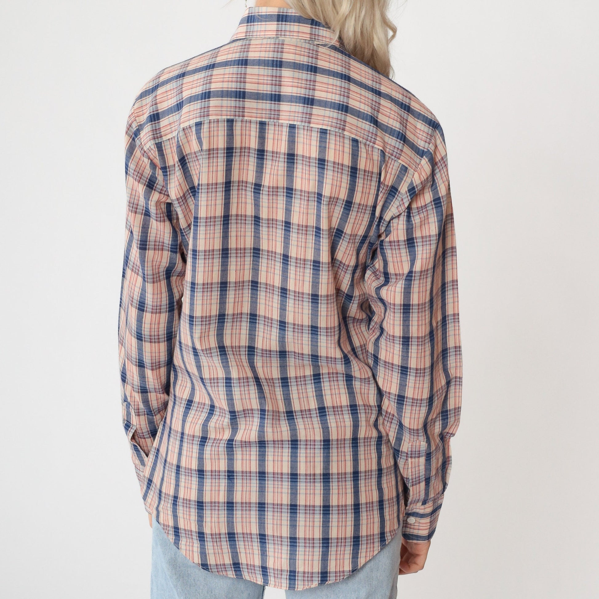 80s Saturdays in California Plaid Button-Up Shirt Blue Red Cream Small