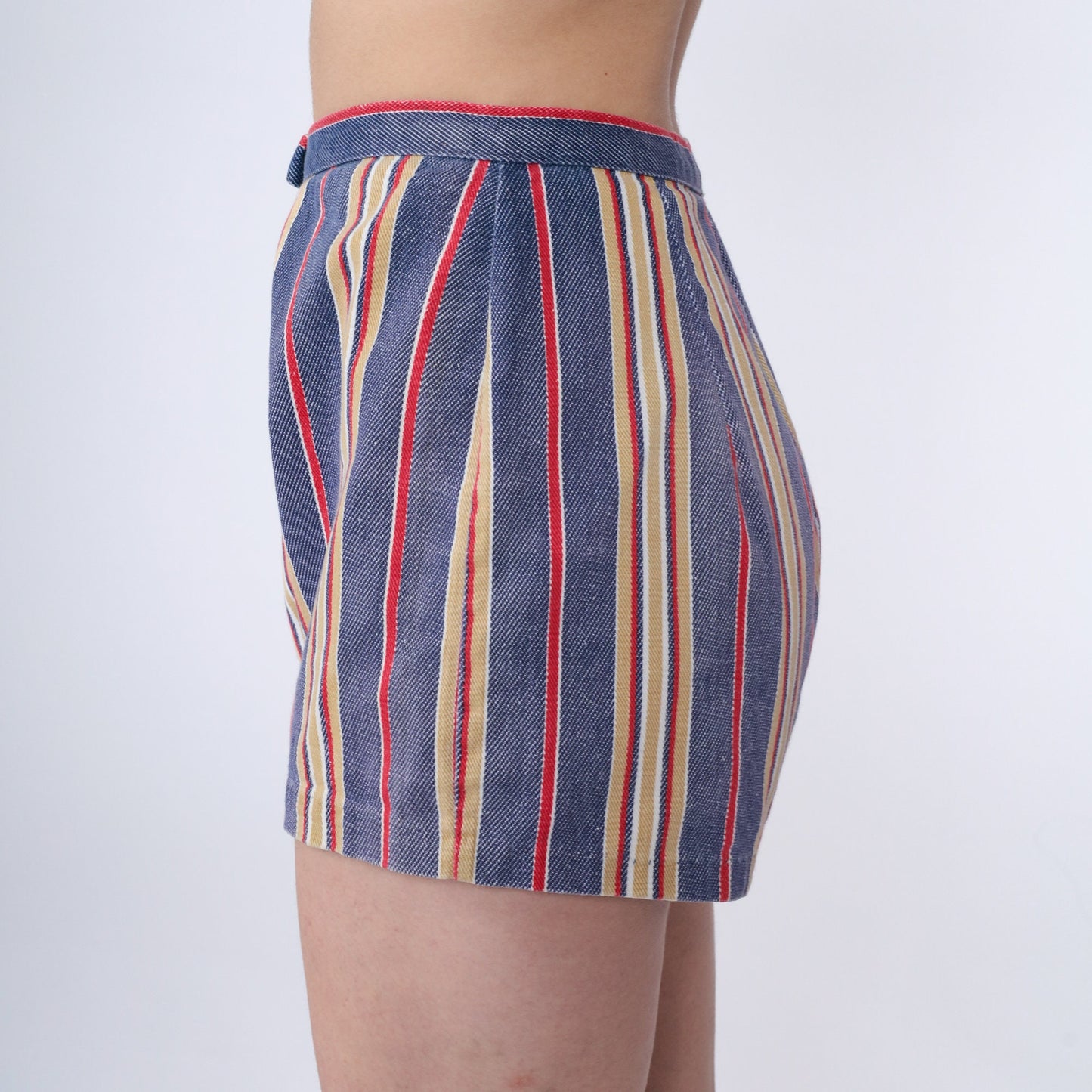 60s Striped Blue Cotton Shorts High Rise Mod Vintage Extra Small