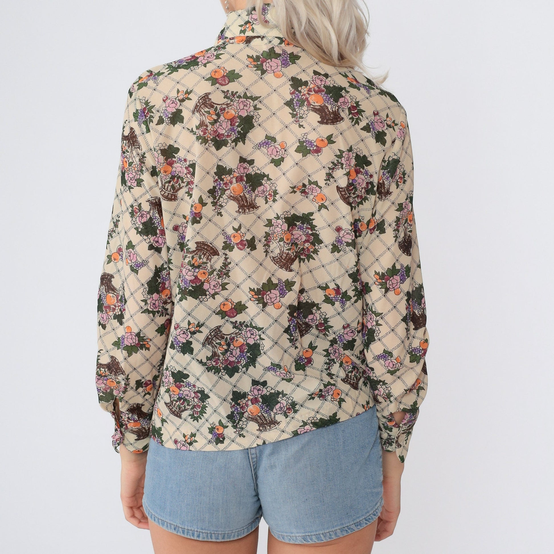 70s Holiday of California Checkered Floral Button-Up Blouse Cream Small