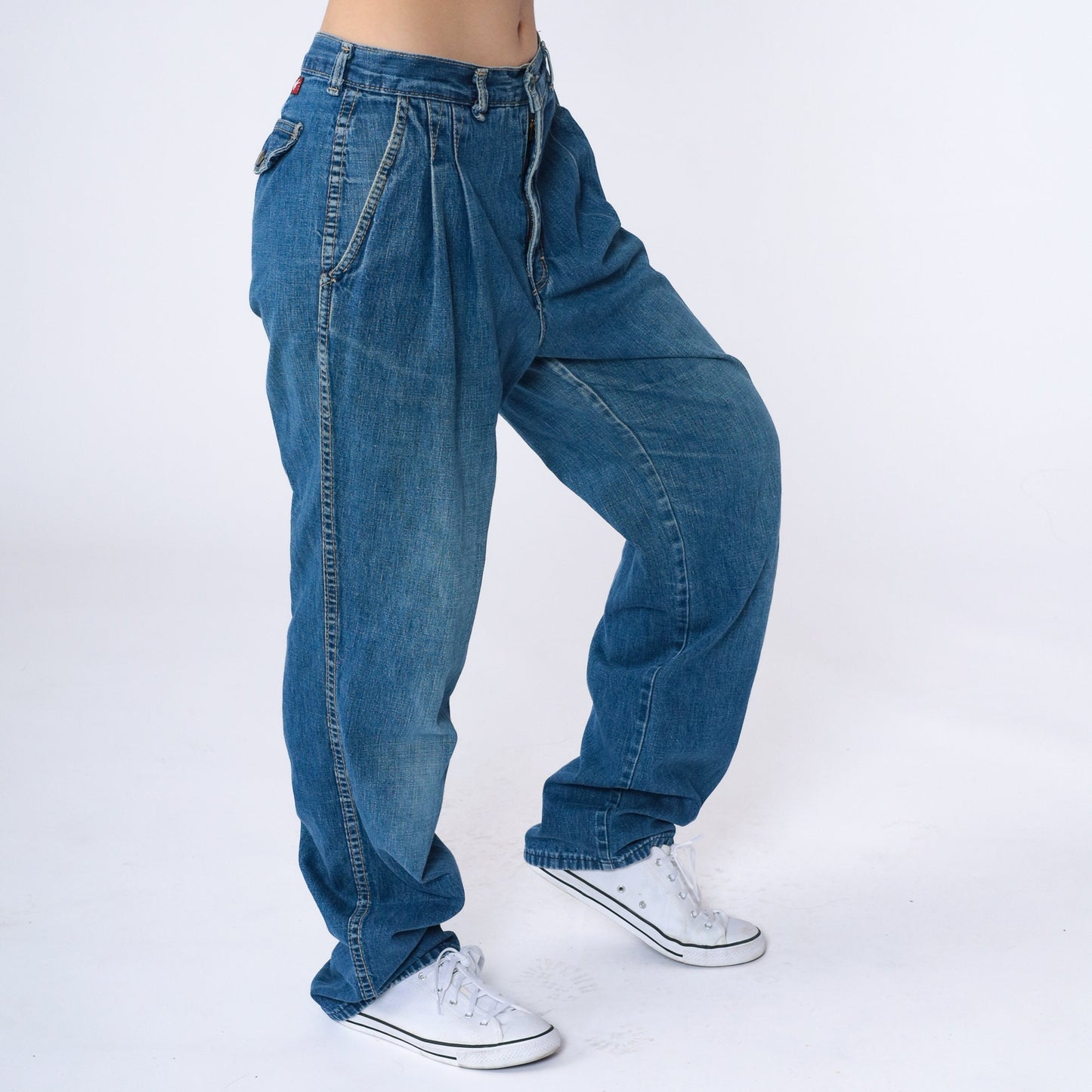 90s Zena High Rise Pleated Straight Leg Jeans Blue Denim Small 28