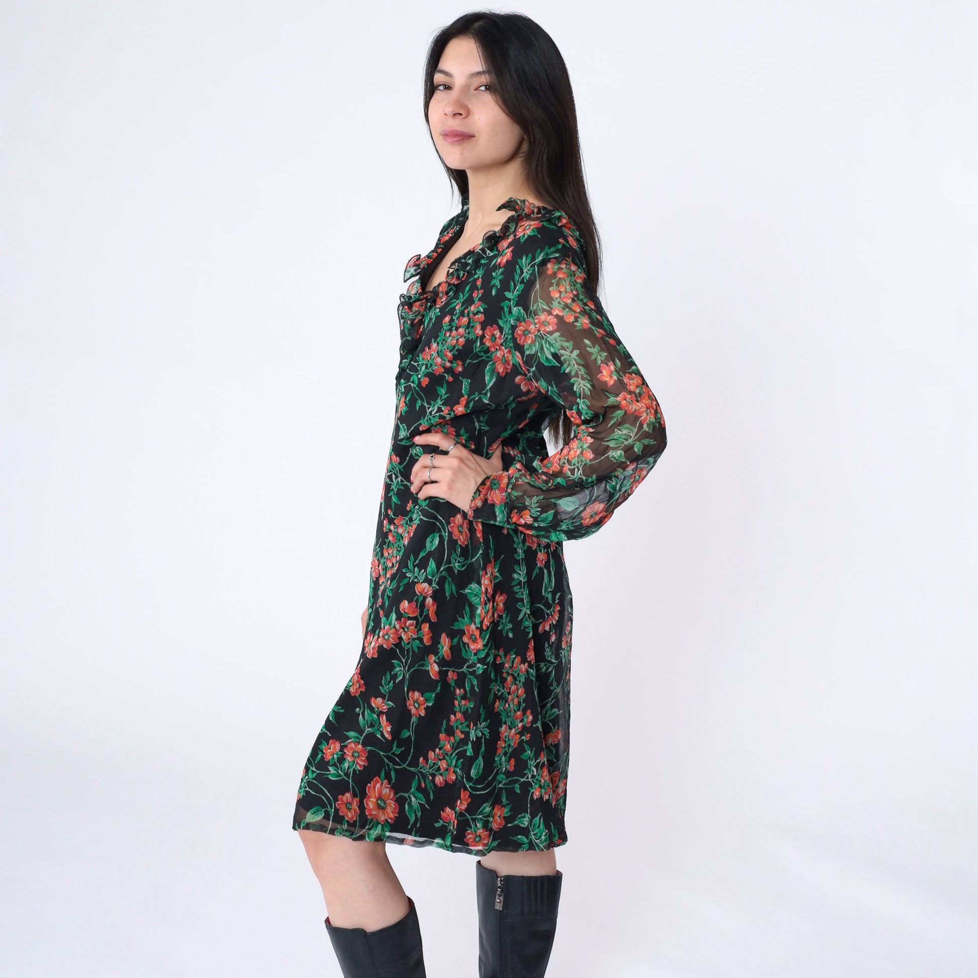 70s Floral Babydoll Mini Dress Empire Waist V-Neck Long Sleeve Black Large