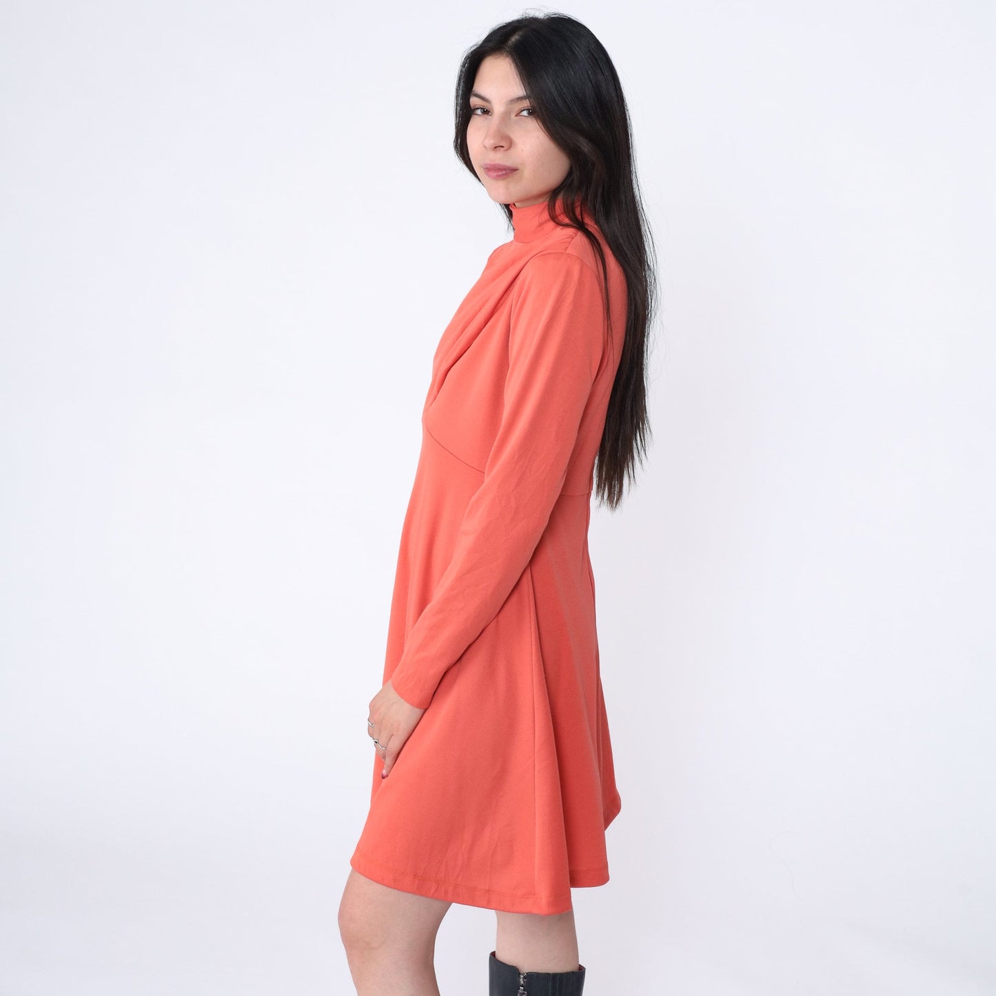 70s Orange Empire Waist Mock Neck Mini Dress Long Sleeve Medium