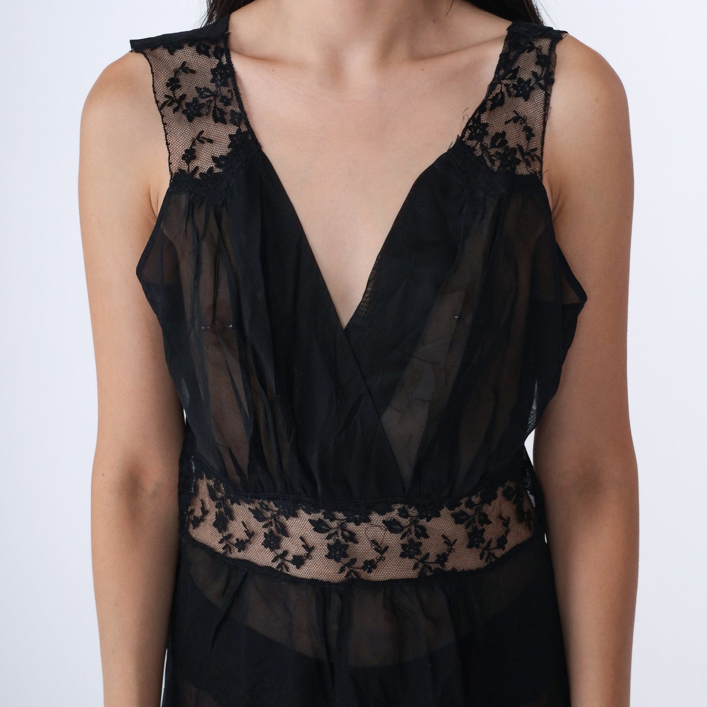 60s Black Lace Slip Dress Low V-Neck Nightgown Small S