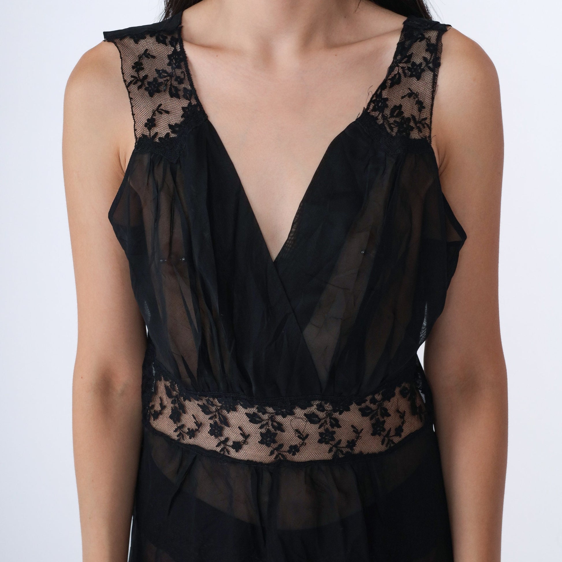 60s Black Lace Slip Dress Low V-Neck Nightgown Small S