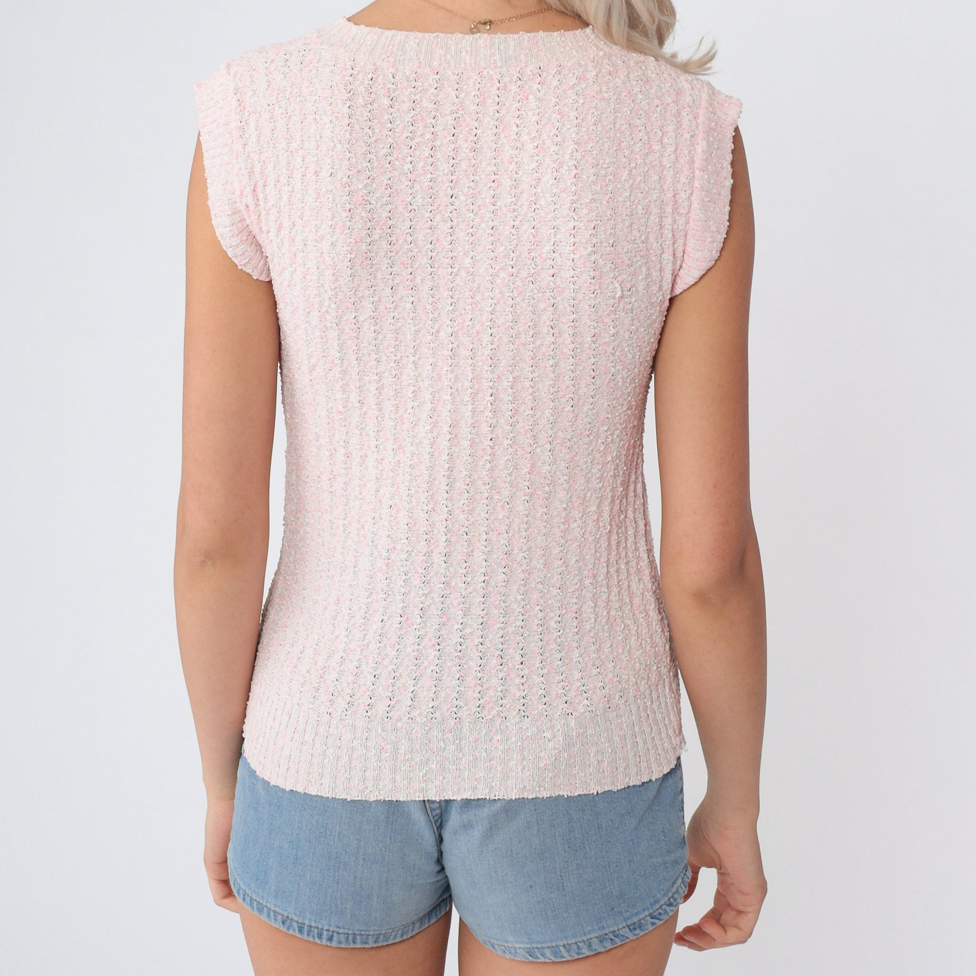 70s Baby Pink Knit Sweater Vest V Neck Cap Sleeve Extra Small XS