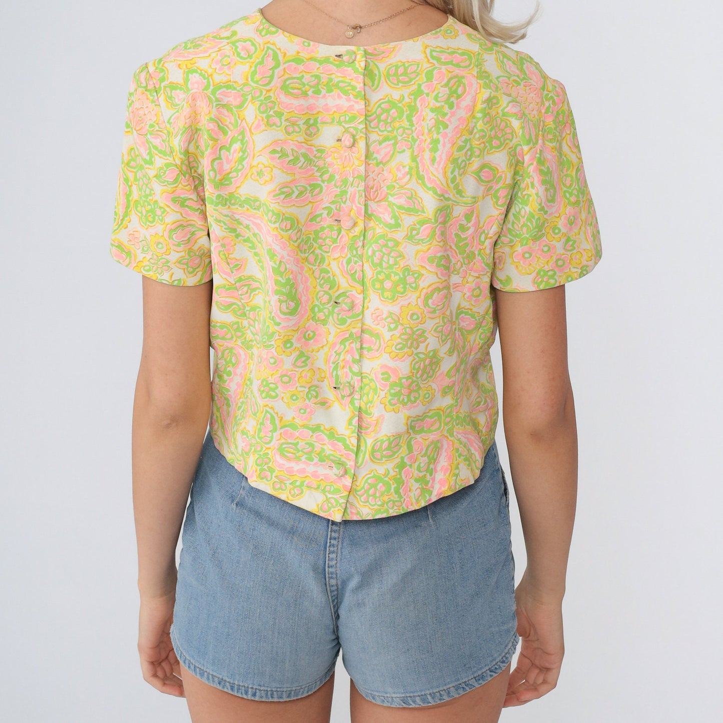 1960s Floral Paisley Crop Top Short Sleeve Blouse Yellow Green Pink Small S