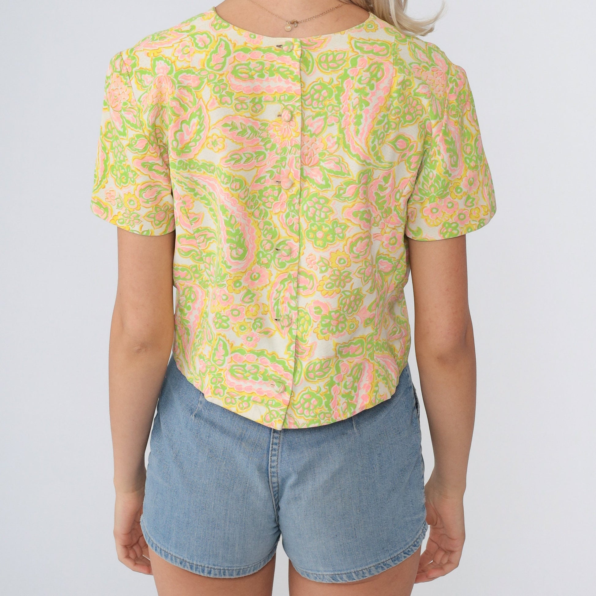 1960s Floral Paisley Crop Top Short Sleeve Blouse Yellow Green Pink Small S