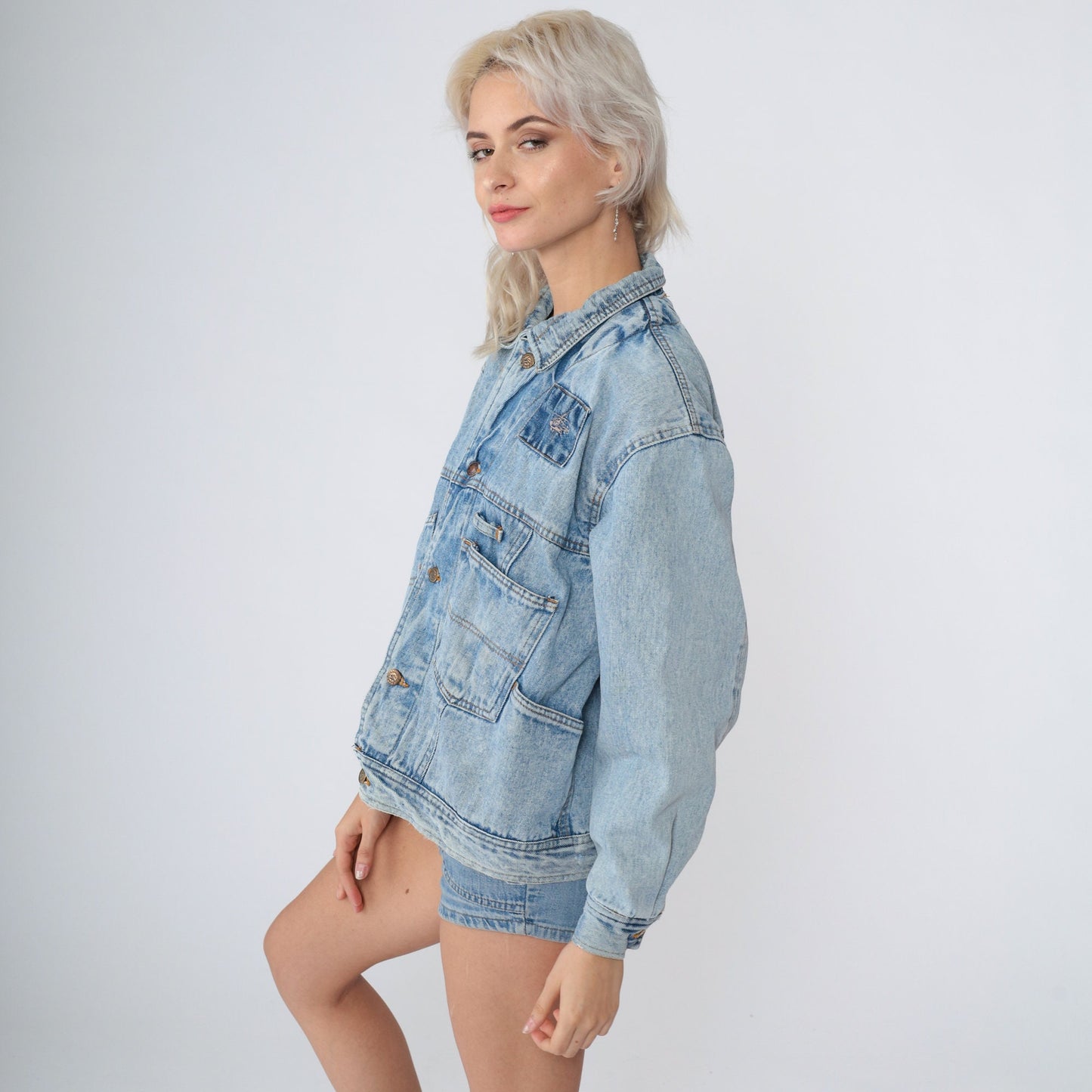 90s Denim Cargo Jacket Blue Jean Helicopter Embroidered Utility Pockets Small