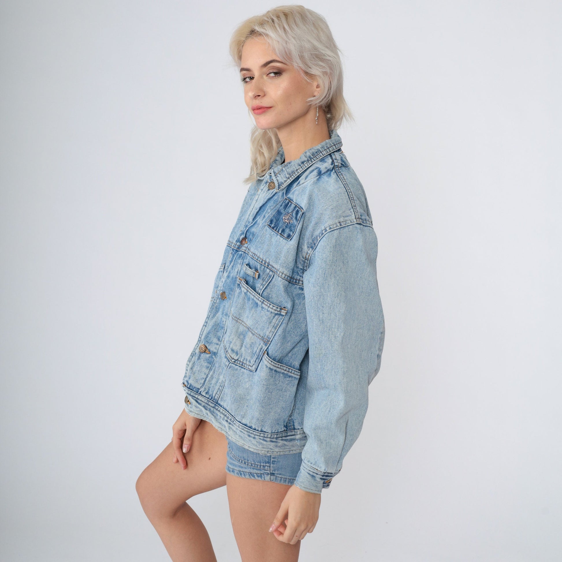 90s Denim Cargo Jacket Blue Jean Helicopter Embroidered Utility Pockets Small