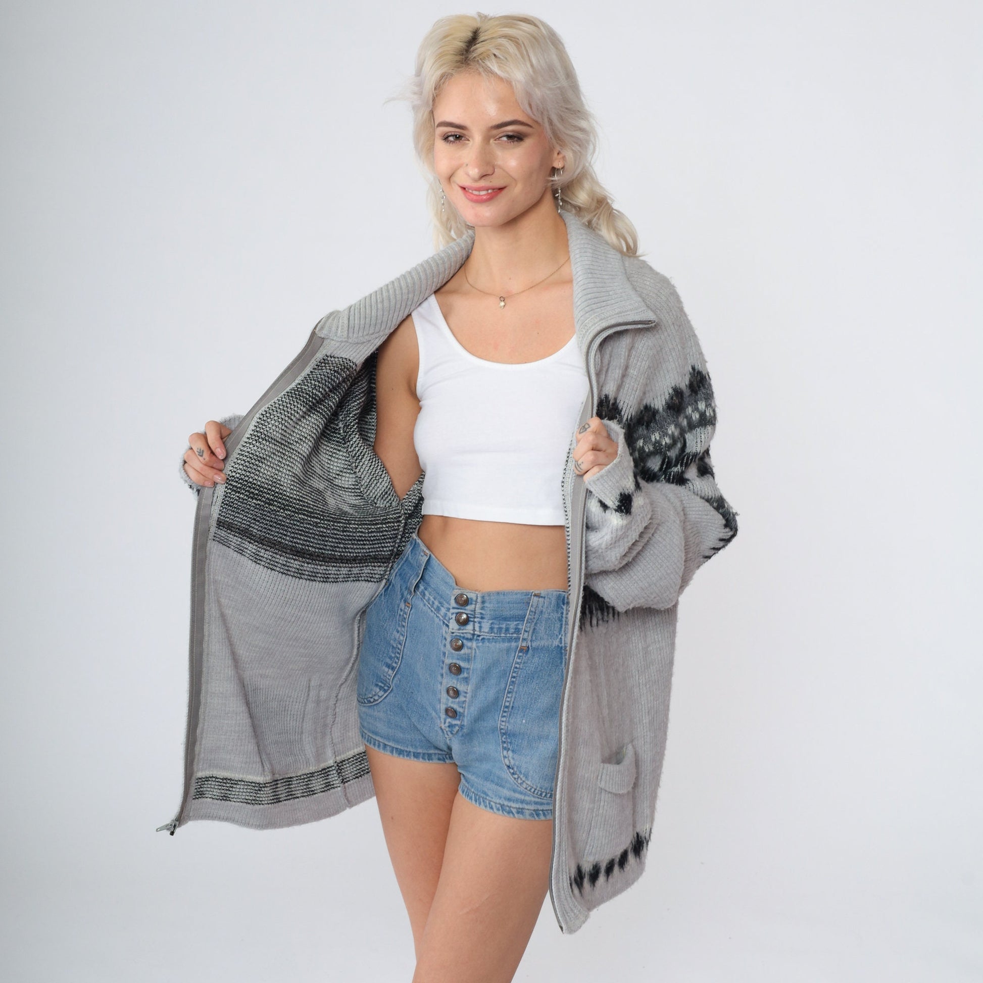 80s London Fog Nordic Snowflake Cardigan Grey Zip-Up Knit Large Tall