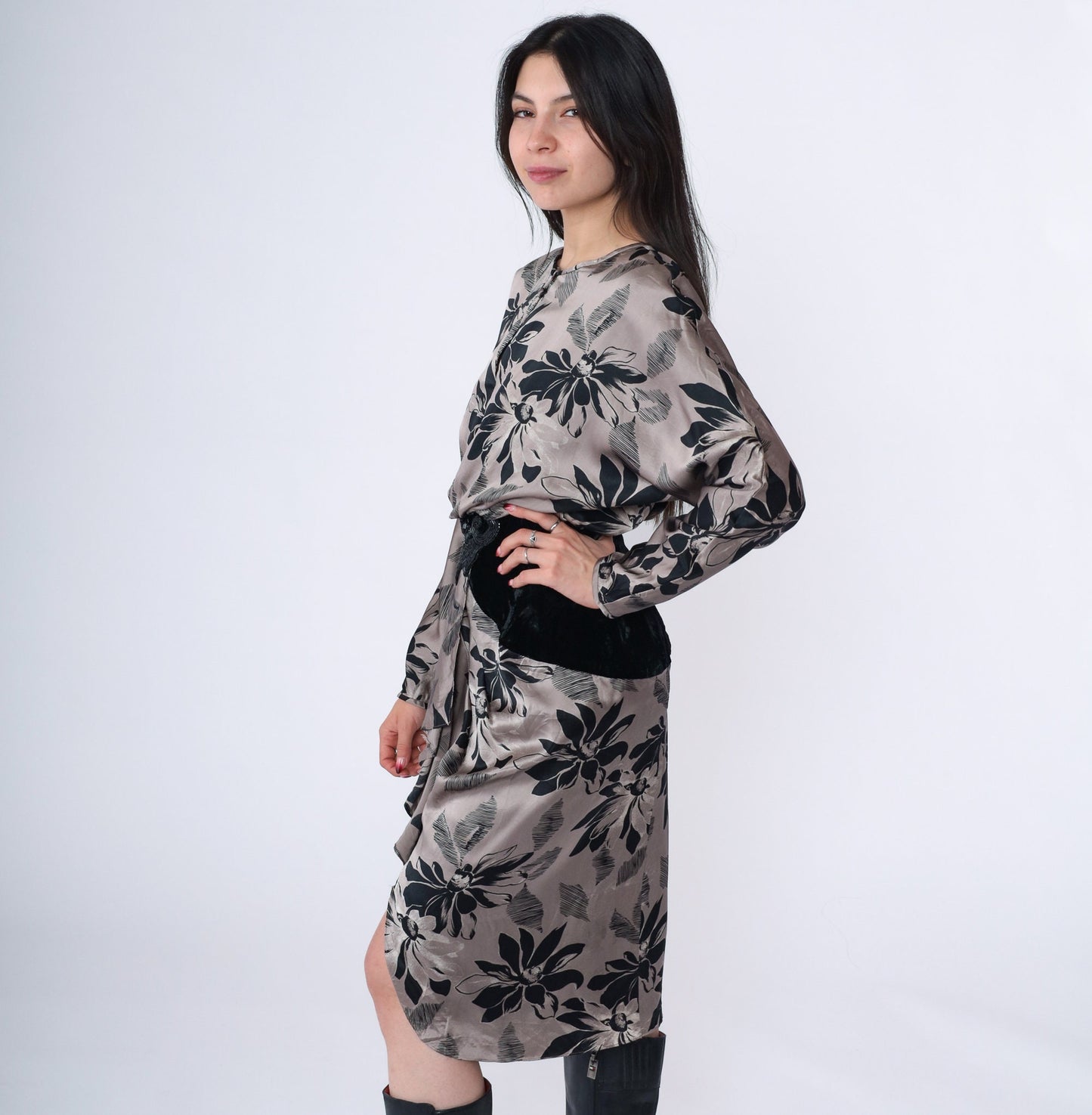 80s Silk Studio Floral Midi Dress Taupe Black Velvet Beaded Small 6