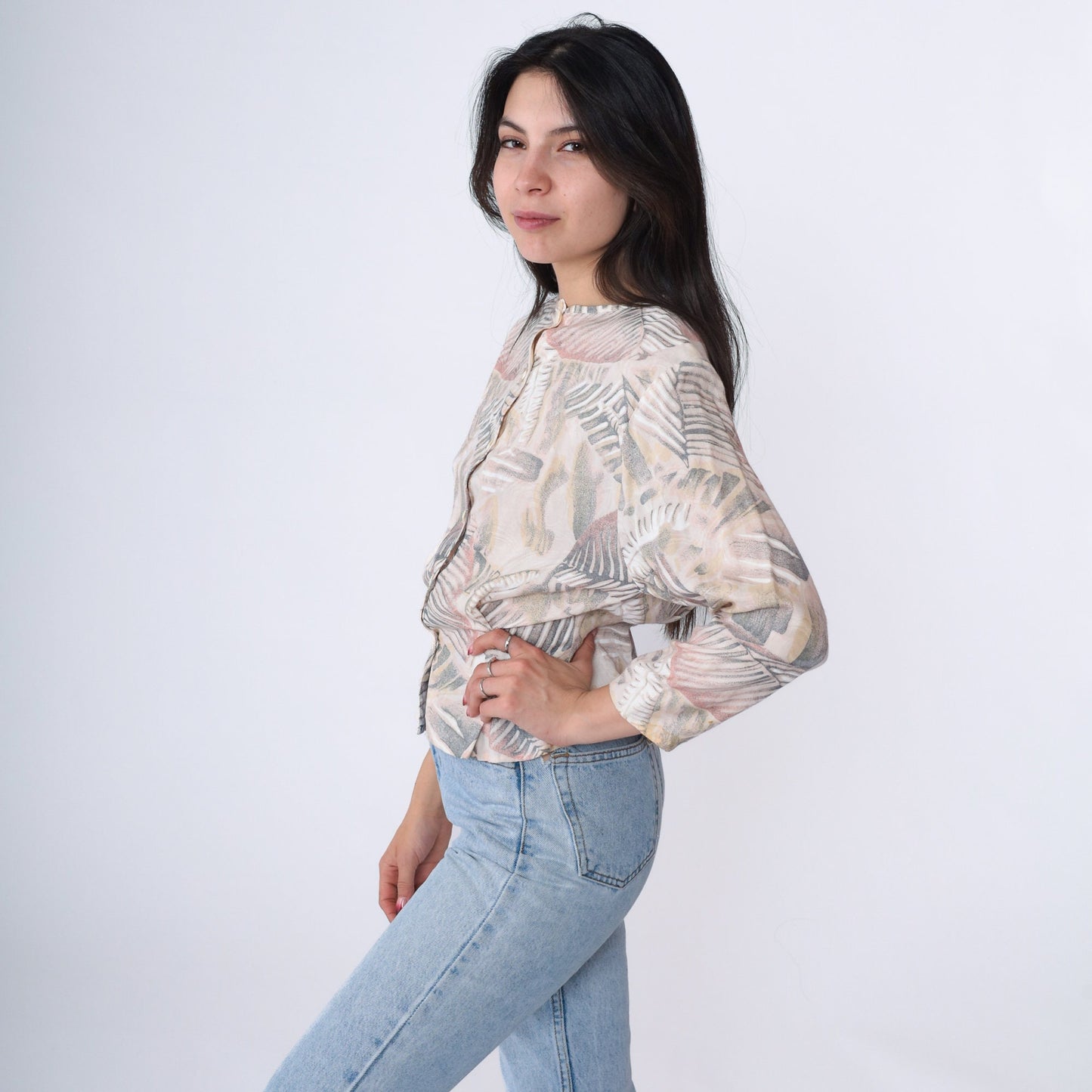 90s Melrose Leaf Print Blouse Beige Button Up 3/4 Sleeve Medium