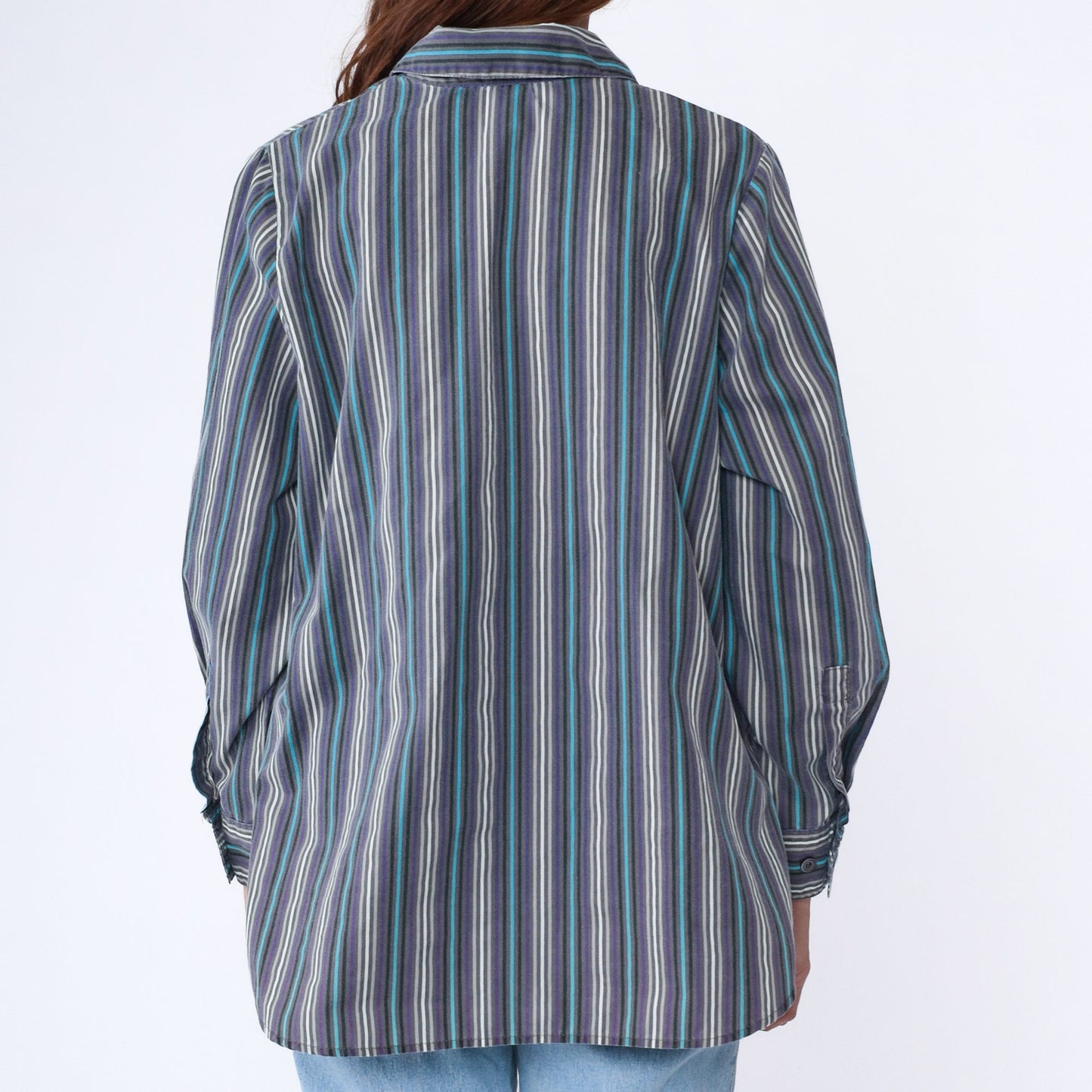 00s Striped Oxford Button-Up Blouse Purple Blue White Long Sleeve Medium