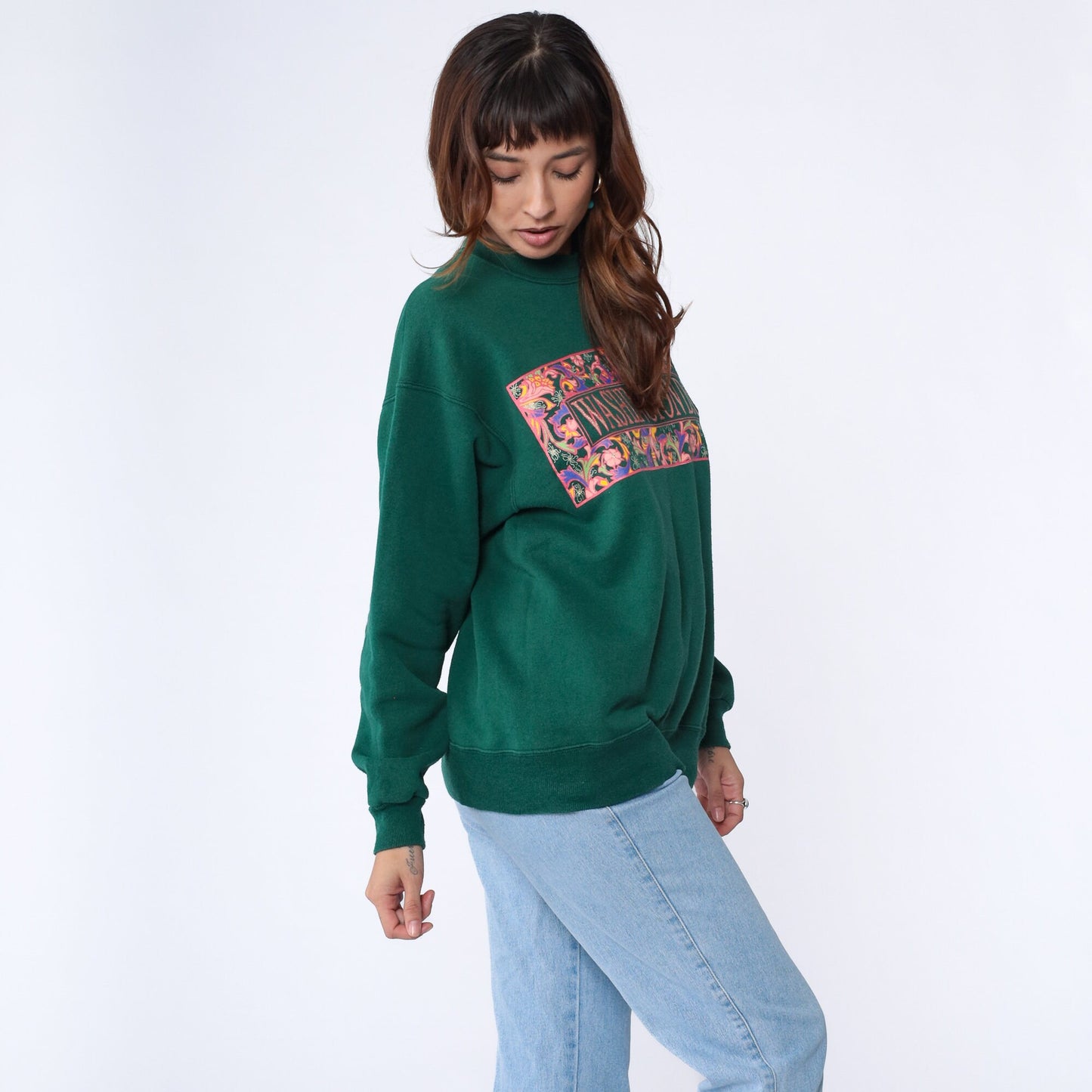90s Washington DC Sparkly Sweatshirt Dark Green Glitter Spellout Crewneck Large