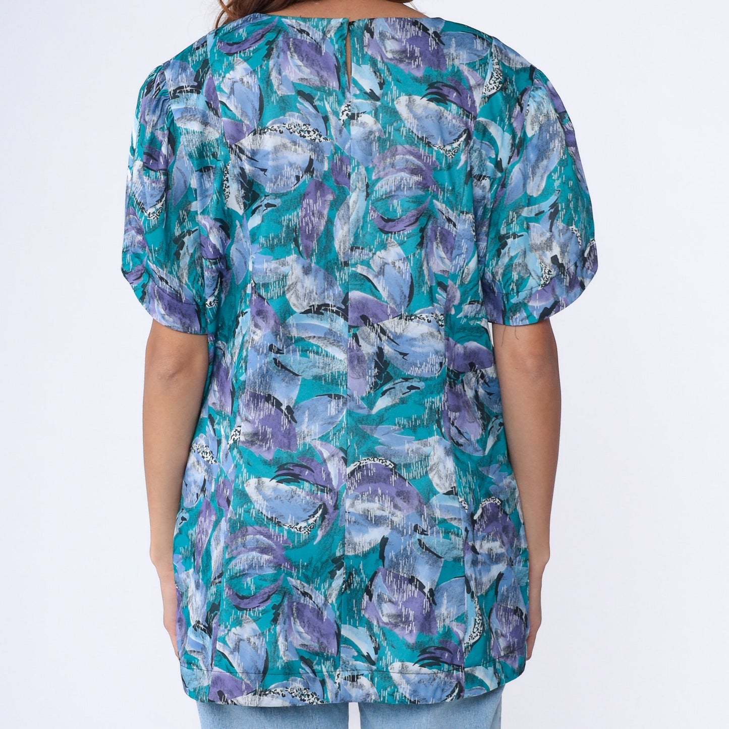 80s Abstract Floral Shirt Turquoise Purple Pocket Blouse Princess Seam Large L