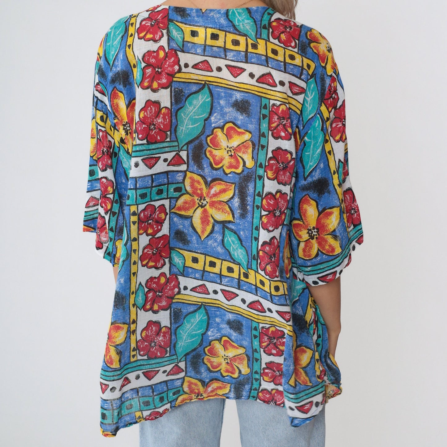 90s Copy Cats Floral Abstract Geometric Print Button Up Blouse Large L