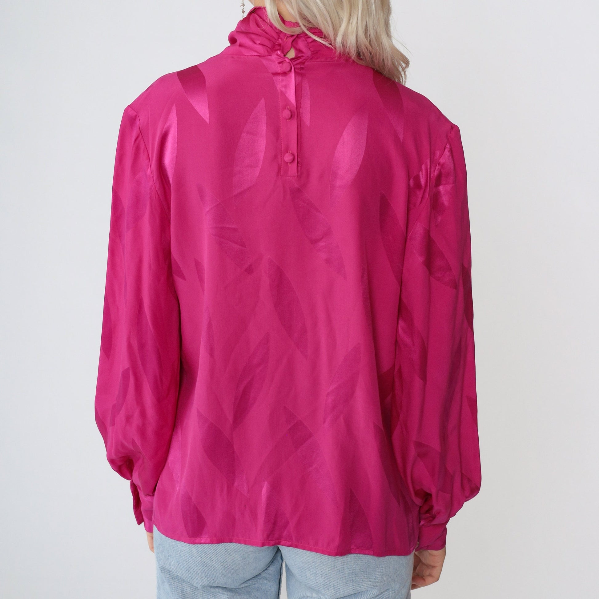 80s Pink Silk Blouse Mock Neck Balloon Sleeve Embossed Leaf Print Small S