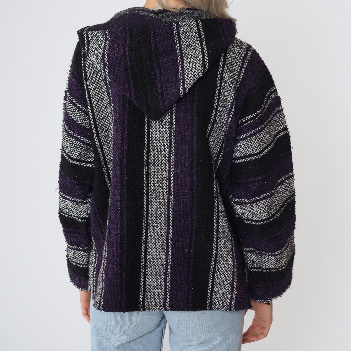 90s Mexican Baja Hoodie Black White Purple Striped Kangaroo Pocket Small